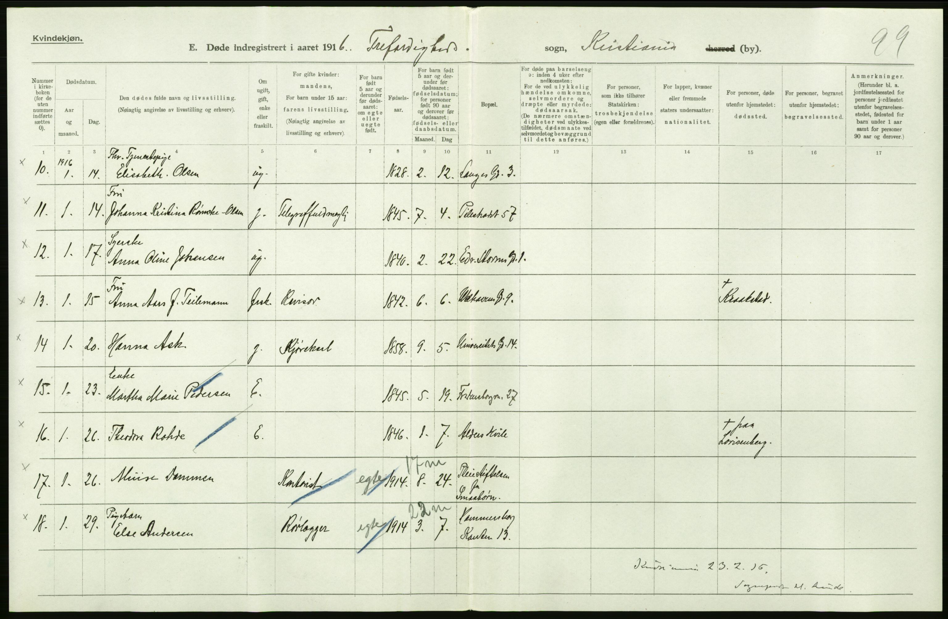 Statistisk sentralbyrå, Sosiodemografiske emner, Befolkning, AV/RA-S-2228/D/Df/Dfb/Dfbf/L0010: Kristiania: Døde, dødfødte., 1916, p. 114