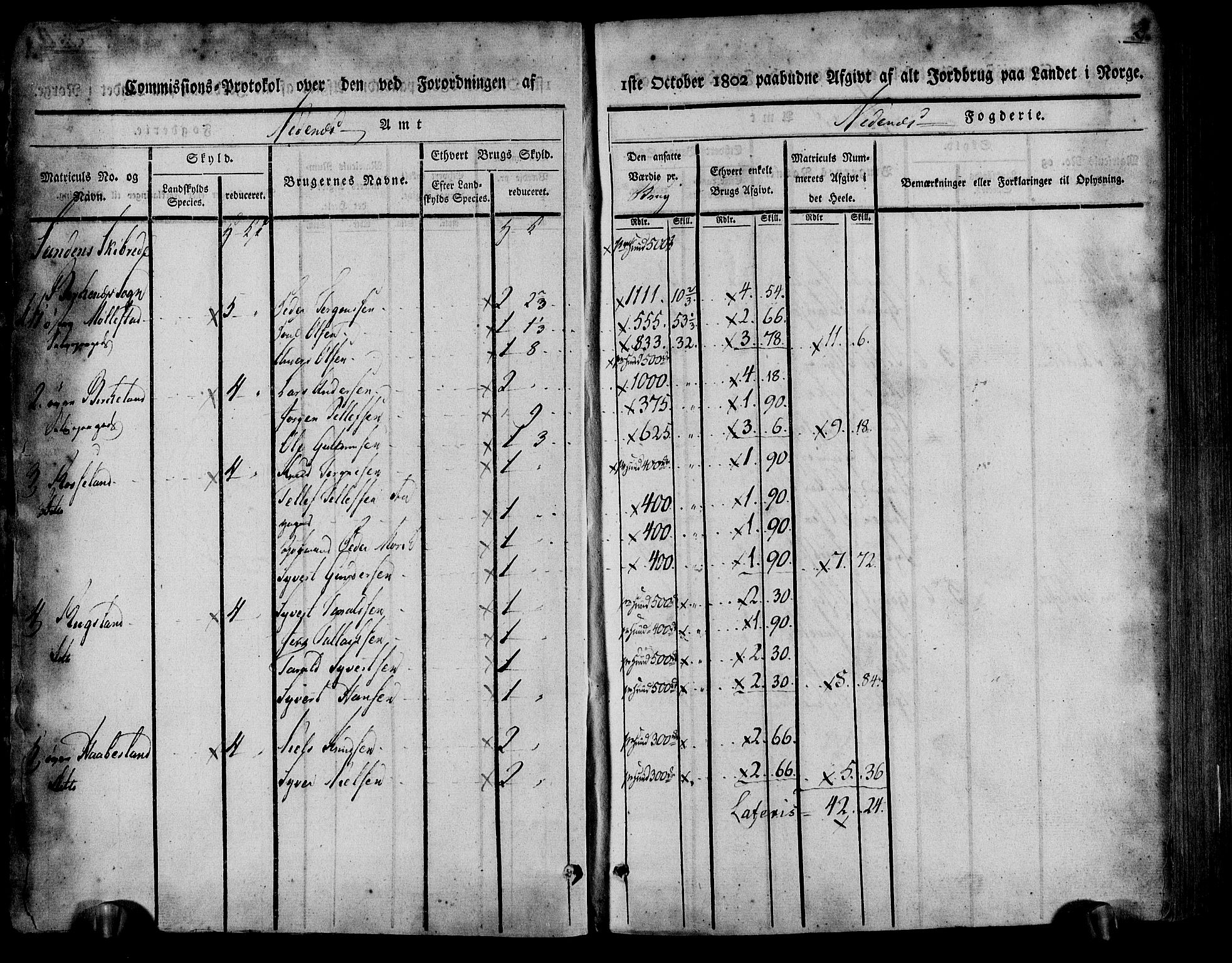 Rentekammeret inntil 1814, Realistisk ordnet avdeling, AV/RA-EA-4070/N/Ne/Nea/L0078: Nedenes fogderi. Kommisjonsprotokoll "Nr. 1", for Sand og Bringsvær skipreider, 1803, p. 4