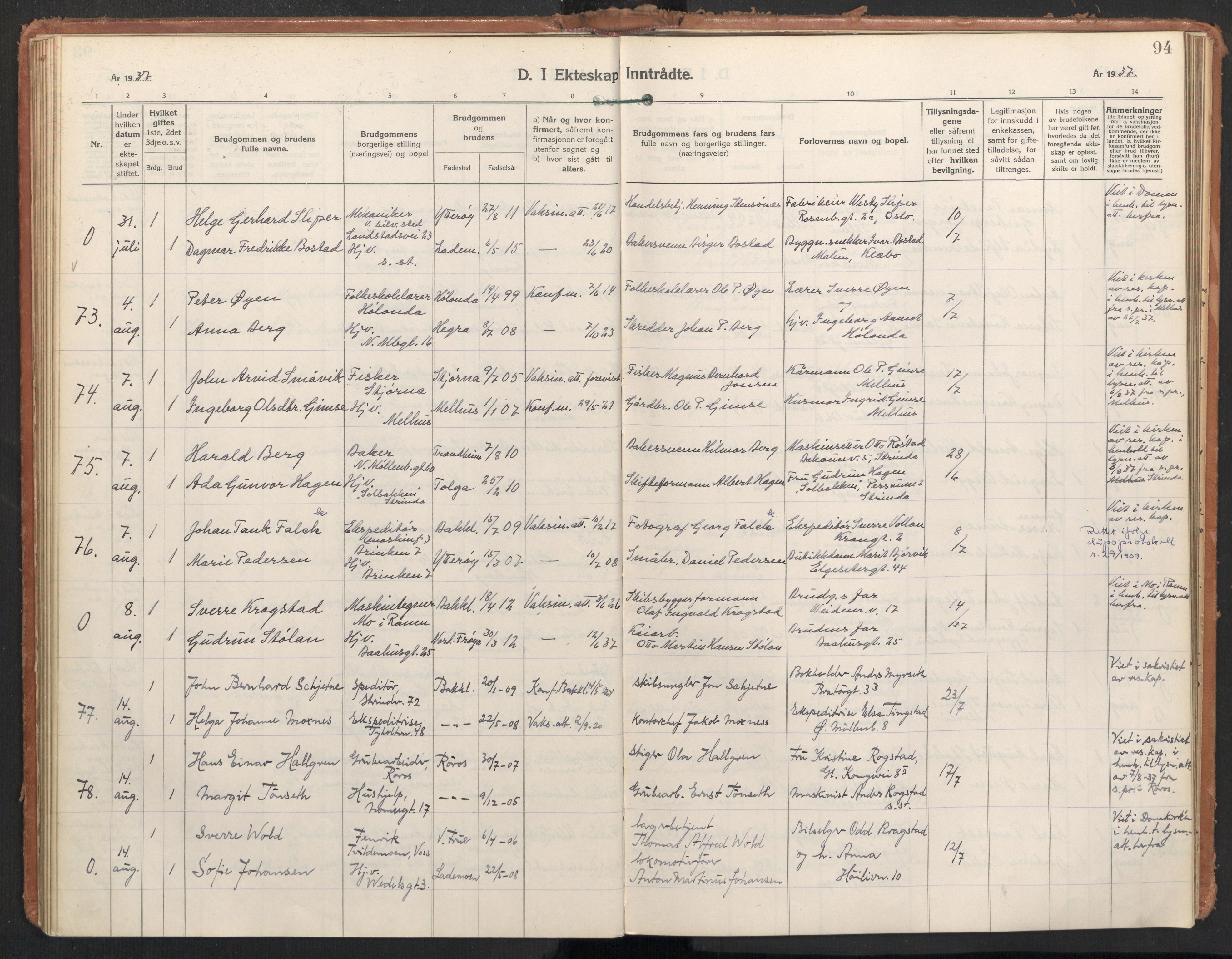 Ministerialprotokoller, klokkerbøker og fødselsregistre - Sør-Trøndelag, AV/SAT-A-1456/604/L0209: Parish register (official) no. 604A29, 1931-1945, p. 94