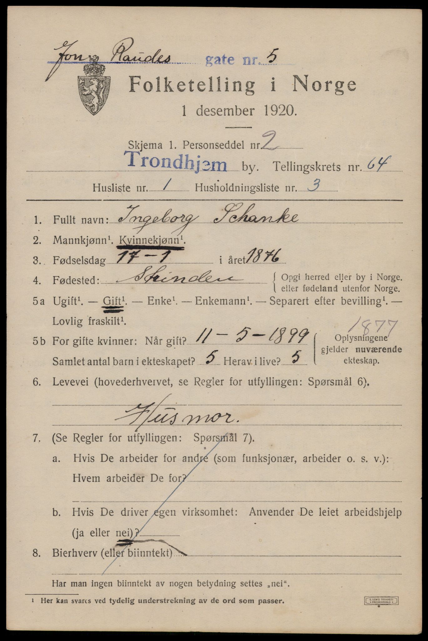 SAT, 1920 census for Trondheim, 1920, p. 127152