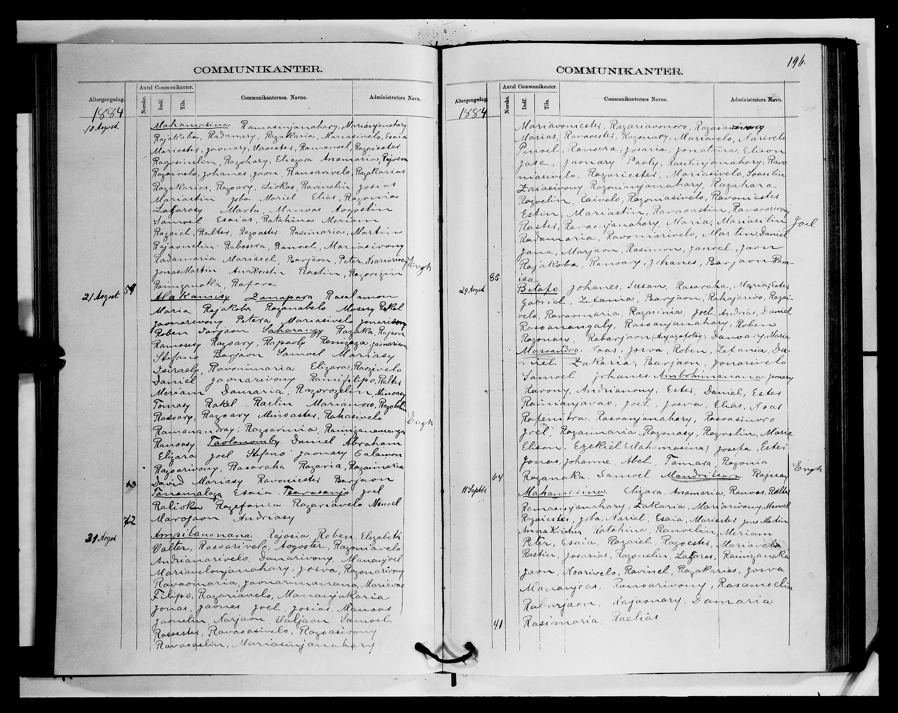 Archives FLM/NMS, Madagaskar, VID/MA-A-1163/D/Db/L0270: Parish register (official) no. 2, 1883-1886, p. 196