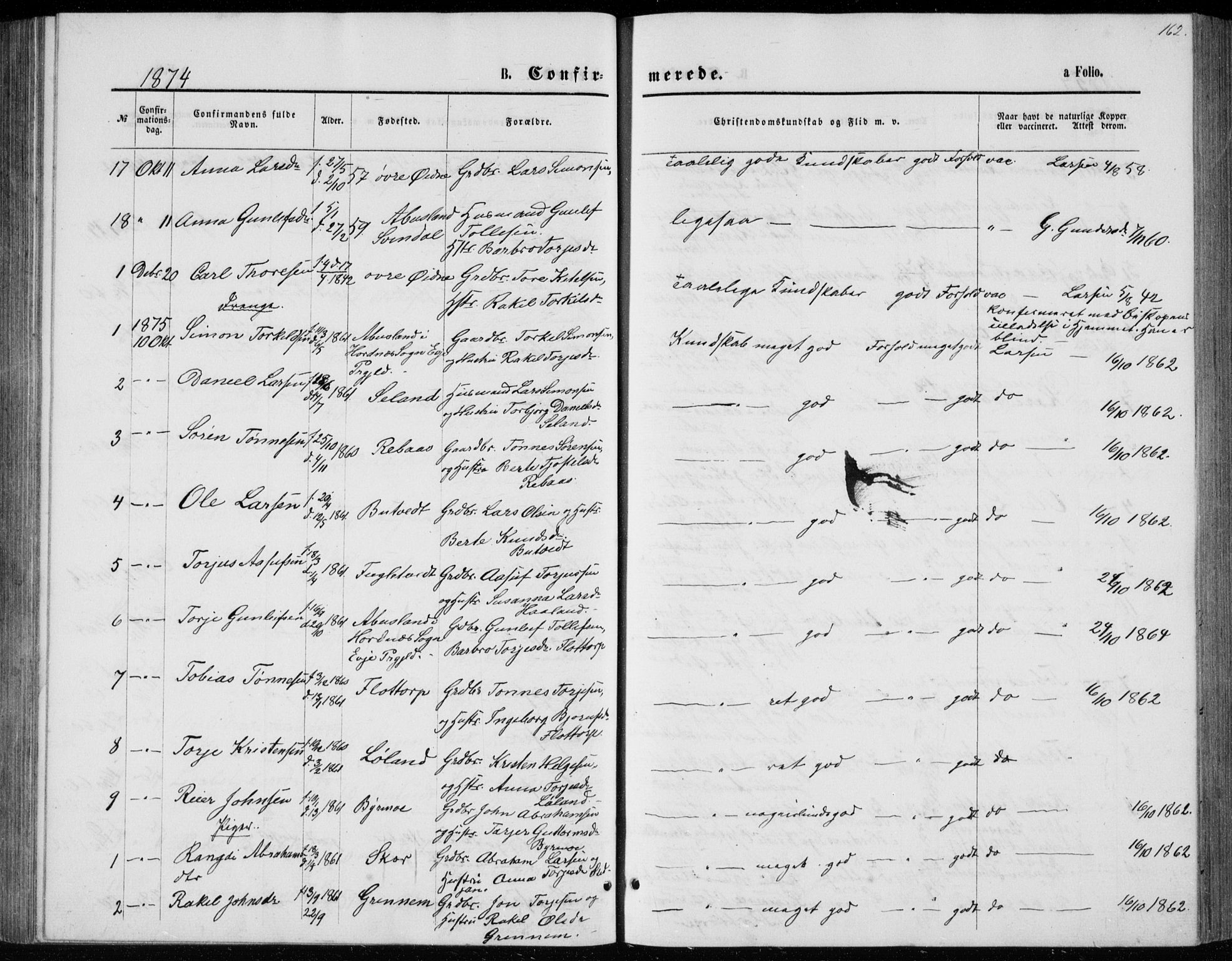 Bjelland sokneprestkontor, SAK/1111-0005/F/Fb/Fbc/L0002: Parish register (copy) no. B 2, 1867-1887, p. 162