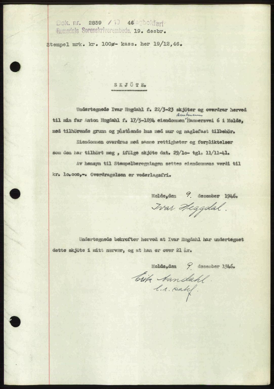 Romsdal sorenskriveri, AV/SAT-A-4149/1/2/2C: Mortgage book no. A21, 1946-1946, Diary no: : 2859/1946