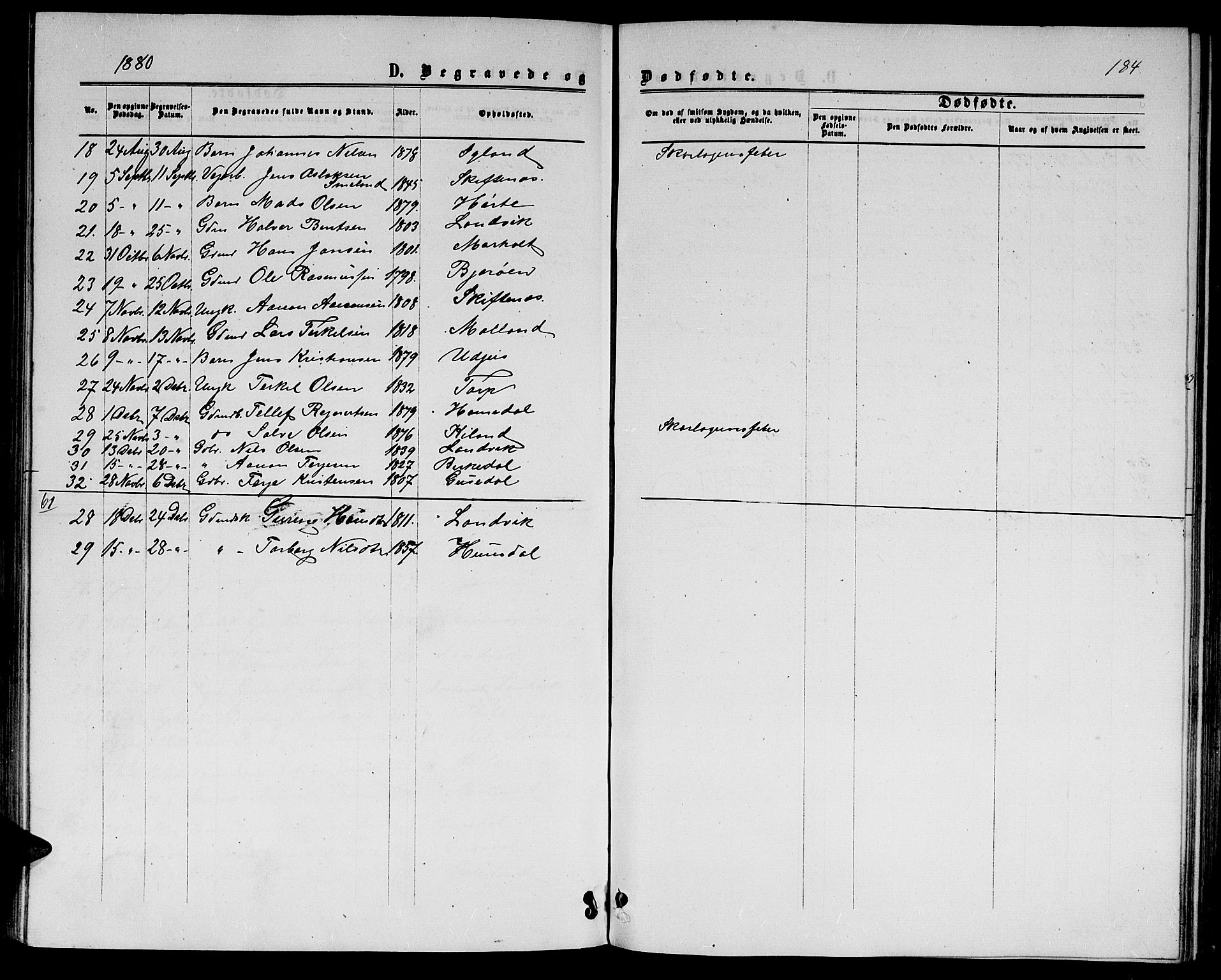 Hommedal sokneprestkontor, SAK/1111-0023/F/Fb/Fbb/L0006: Parish register (copy) no. B 6, 1869-1884, p. 184