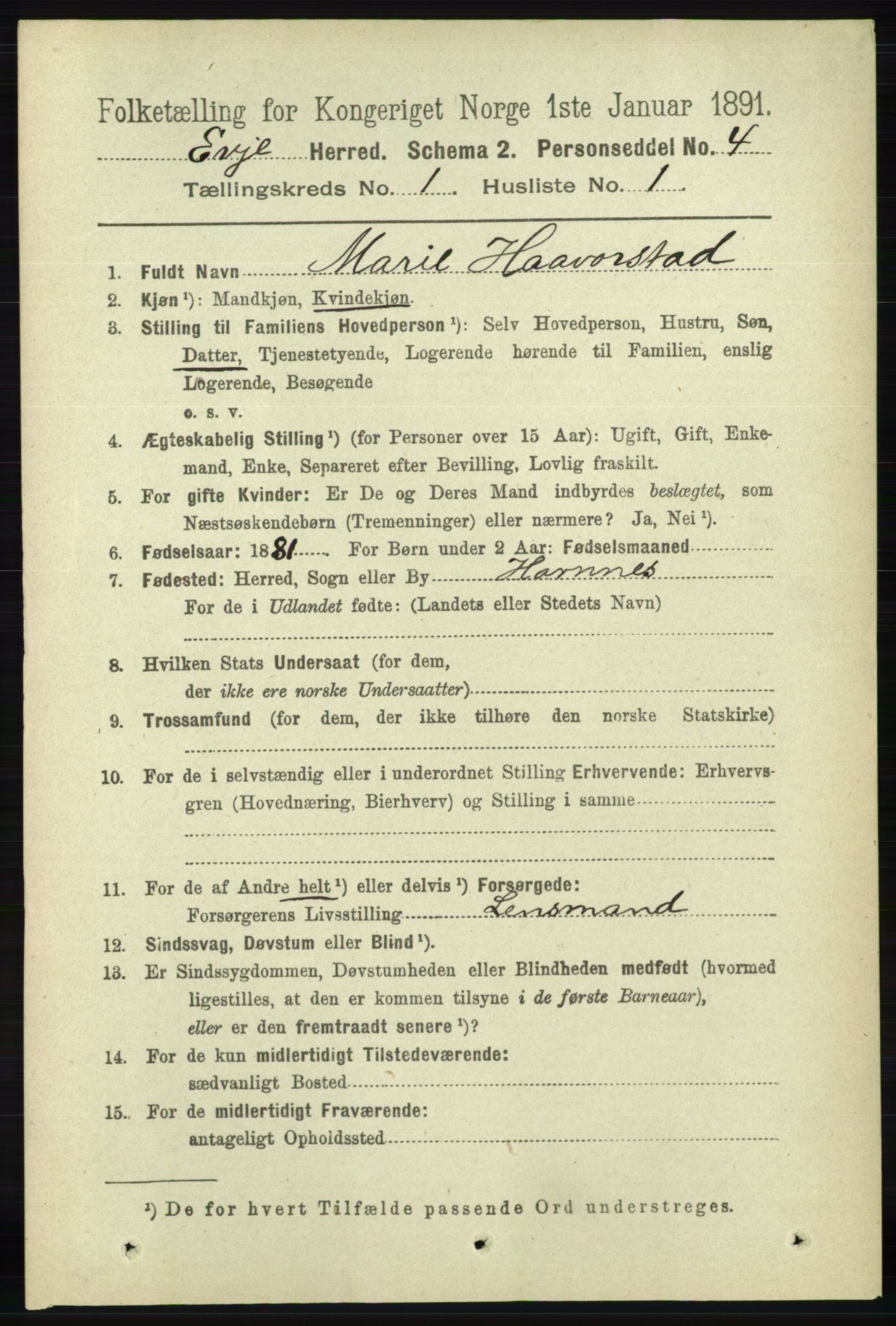 RA, 1891 census for 0937 Evje, 1891, p. 60