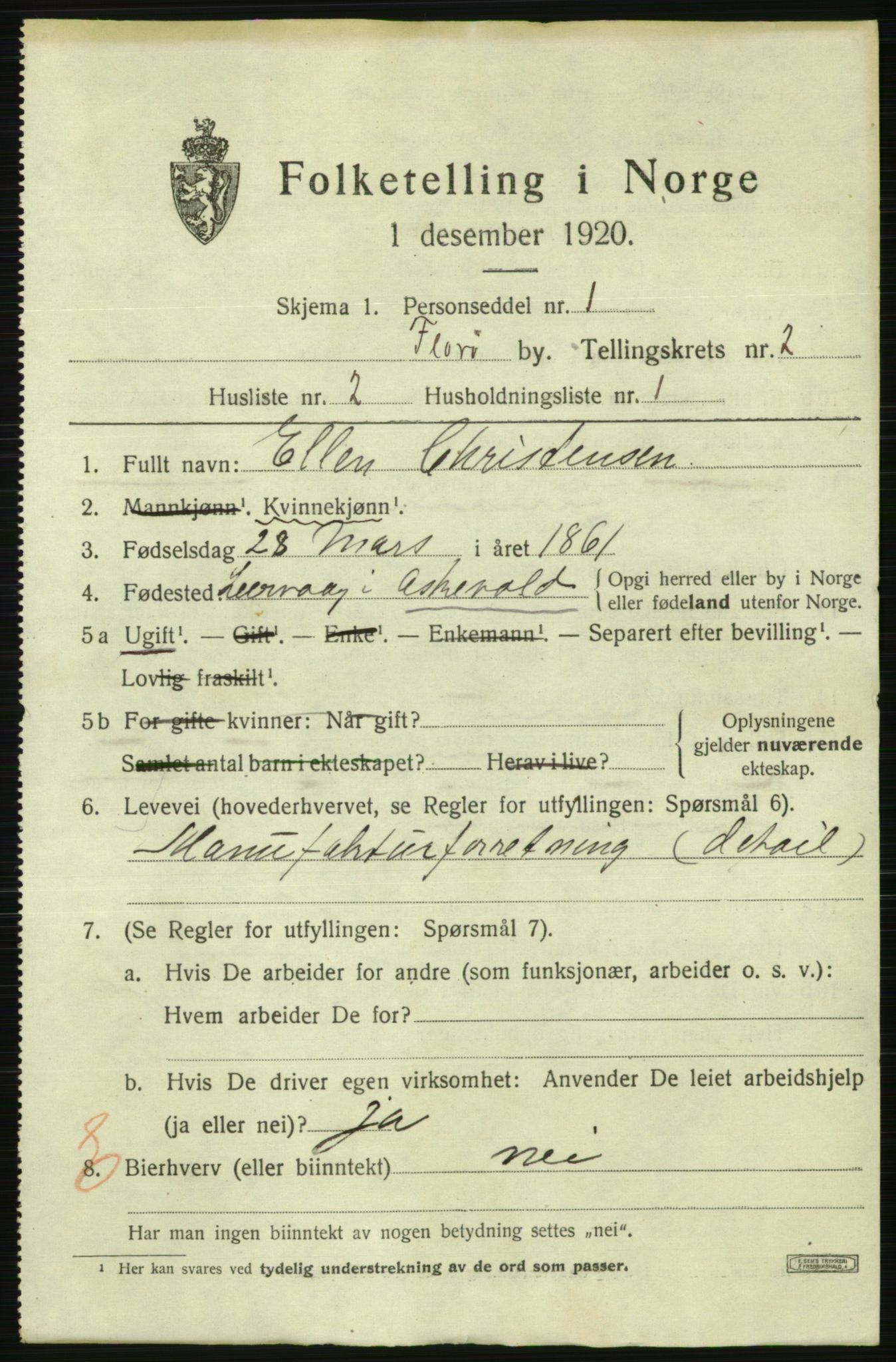 SAB, 1920 census for Florø, 1920, p. 2052