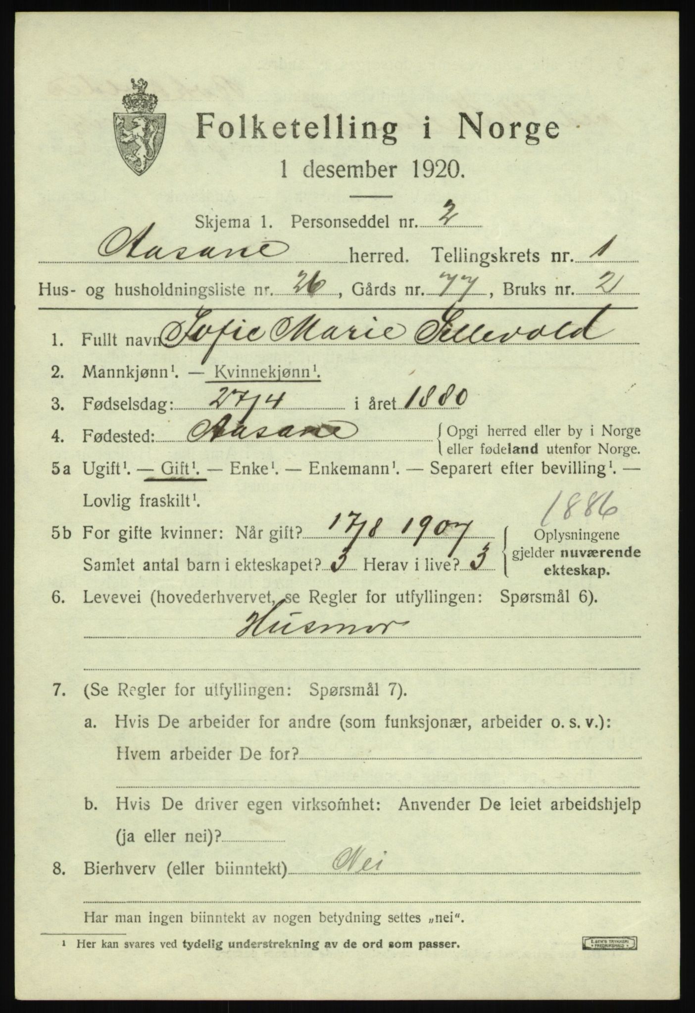 SAB, 1920 census for Åsane, 1920, p. 1211