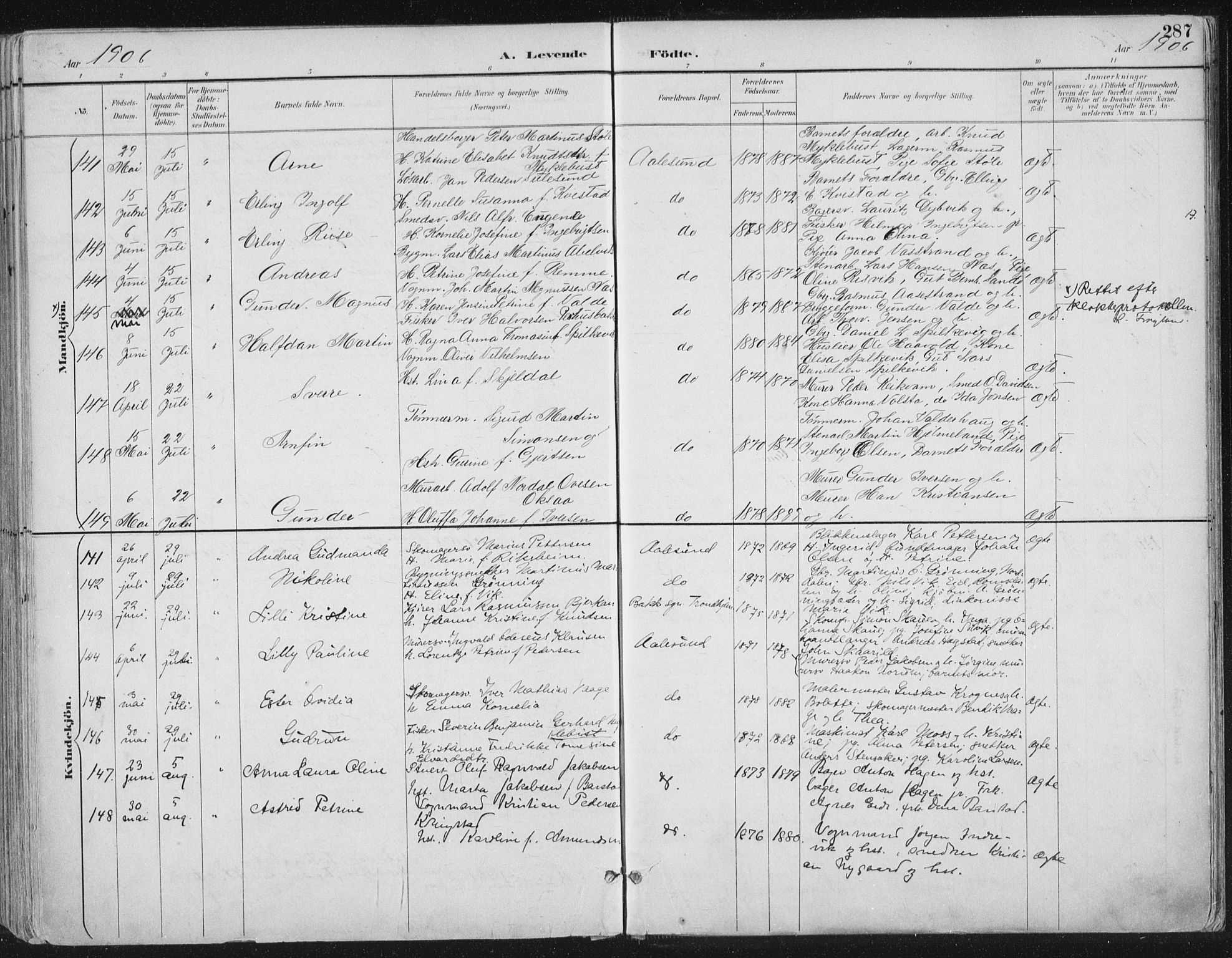 Ministerialprotokoller, klokkerbøker og fødselsregistre - Møre og Romsdal, AV/SAT-A-1454/529/L0456: Parish register (official) no. 529A06, 1894-1906, p. 287