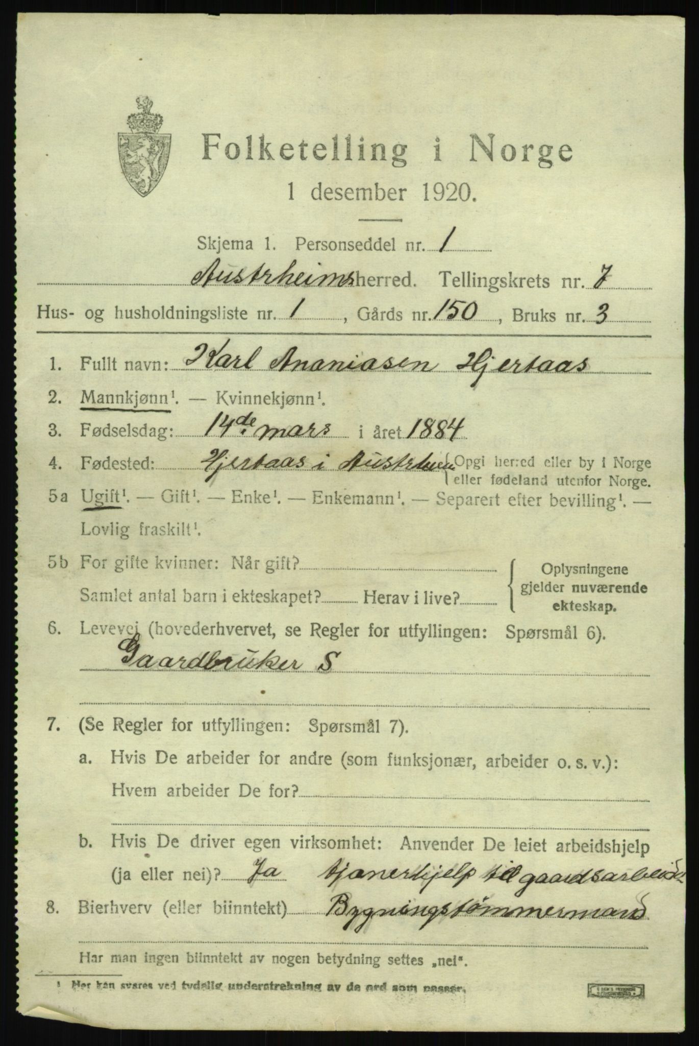 SAB, 1920 census for Austrheim, 1920, p. 2698