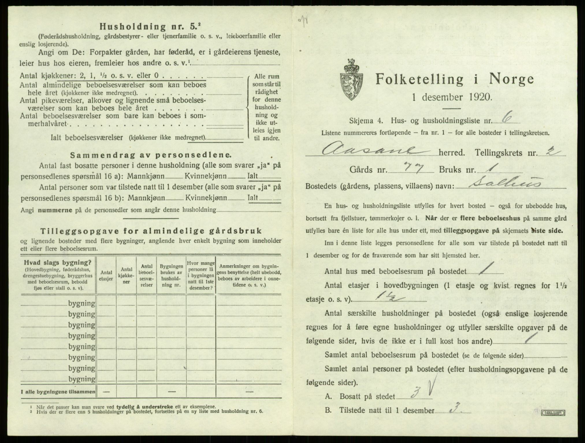 SAB, 1920 census for Åsane, 1920, p. 96