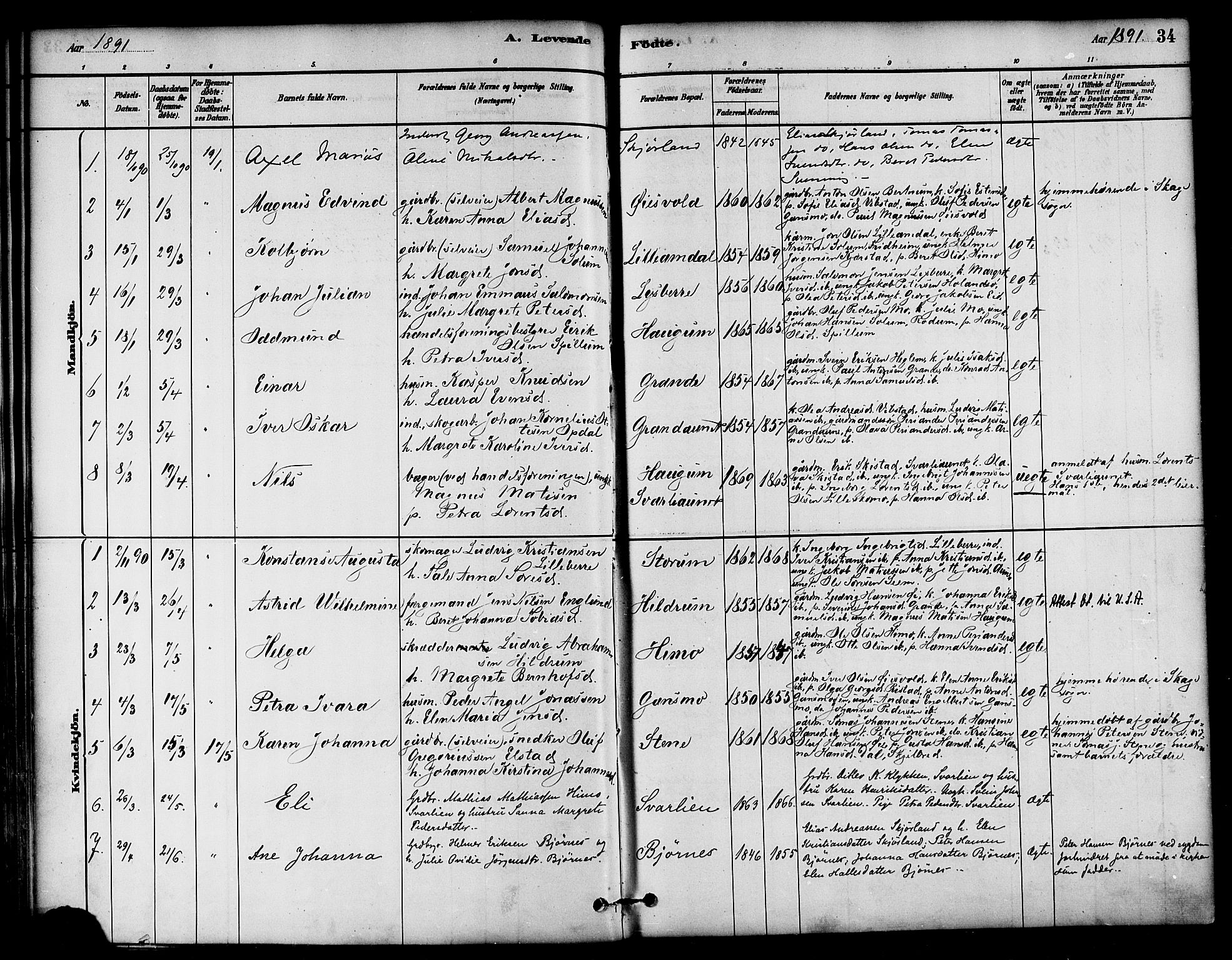 Ministerialprotokoller, klokkerbøker og fødselsregistre - Nord-Trøndelag, SAT/A-1458/764/L0555: Parish register (official) no. 764A10, 1881-1896, p. 34