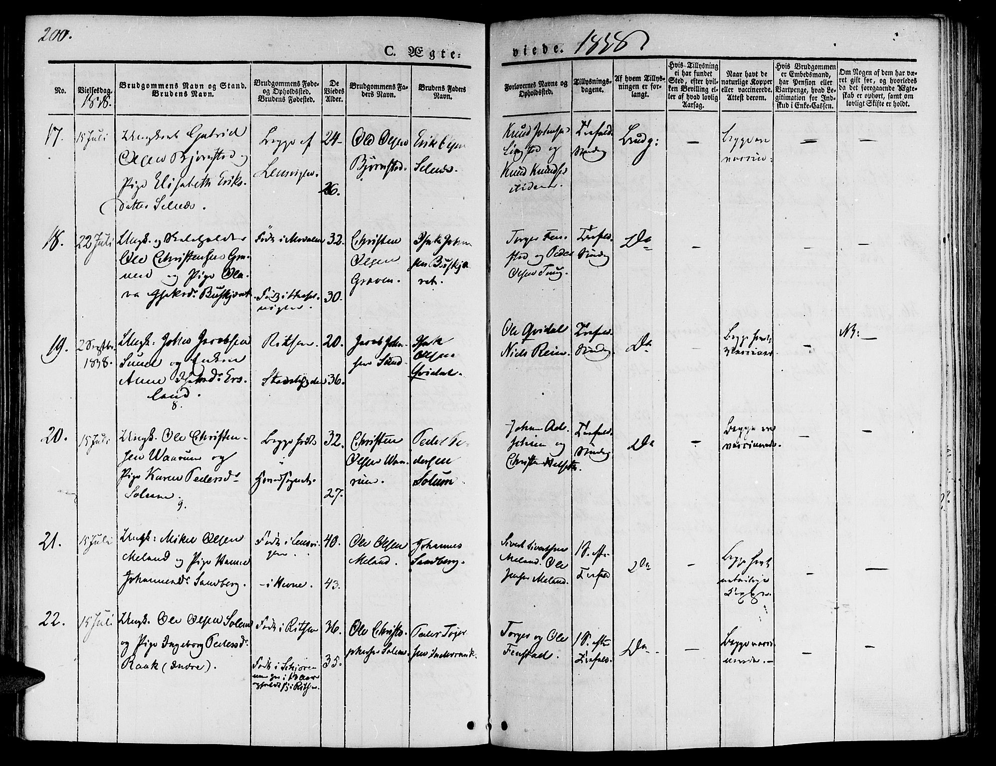 Ministerialprotokoller, klokkerbøker og fødselsregistre - Sør-Trøndelag, AV/SAT-A-1456/646/L0610: Parish register (official) no. 646A08, 1837-1847, p. 200