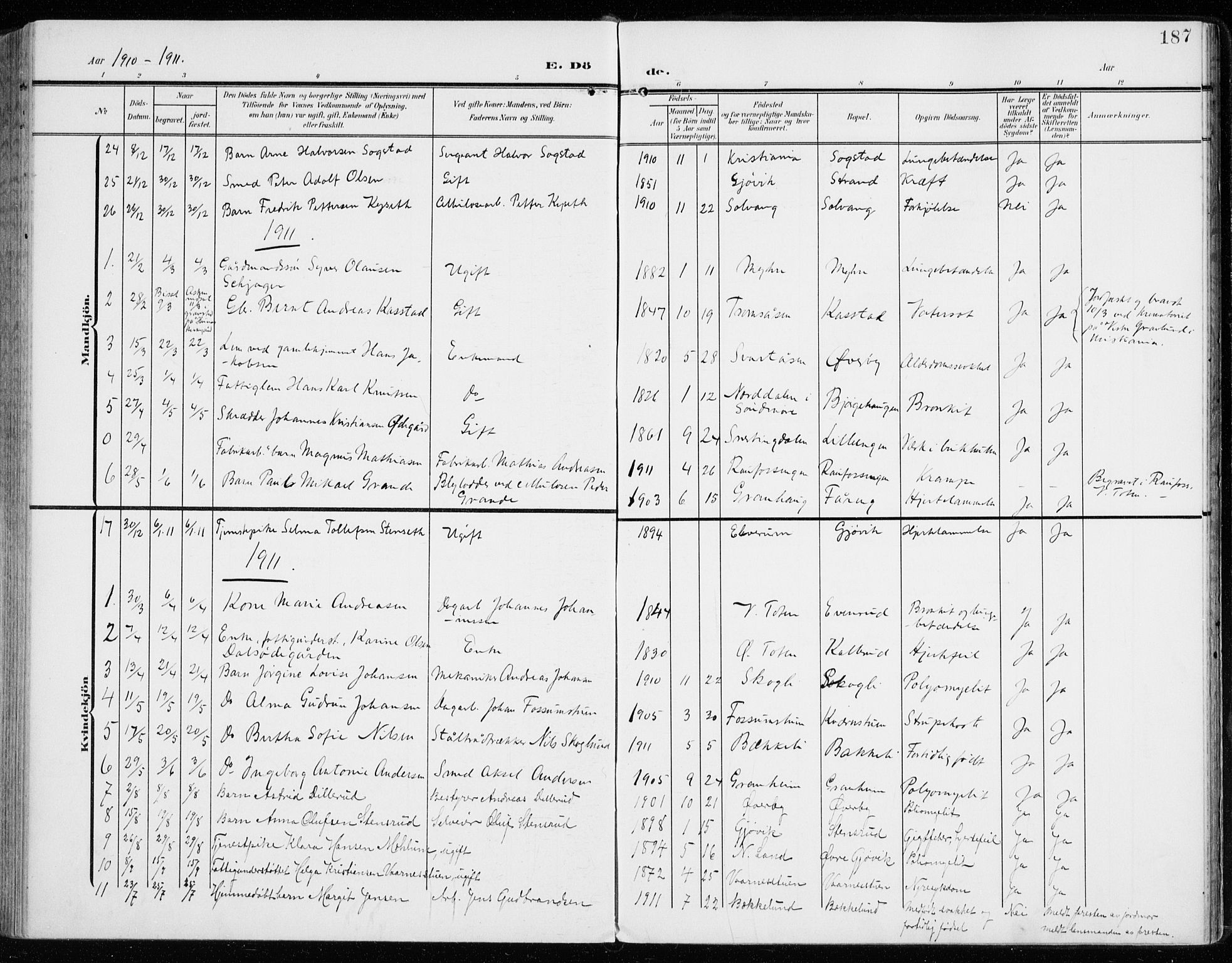 Vardal prestekontor, AV/SAH-PREST-100/H/Ha/Haa/L0016: Parish register (official) no. 16, 1904-1916, p. 187