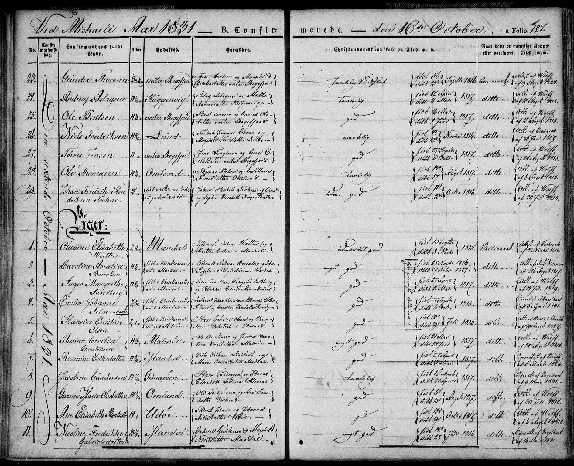 Mandal sokneprestkontor, AV/SAK-1111-0030/F/Fa/Faa/L0011: Parish register (official) no. A 11, 1830-1839, p. 127