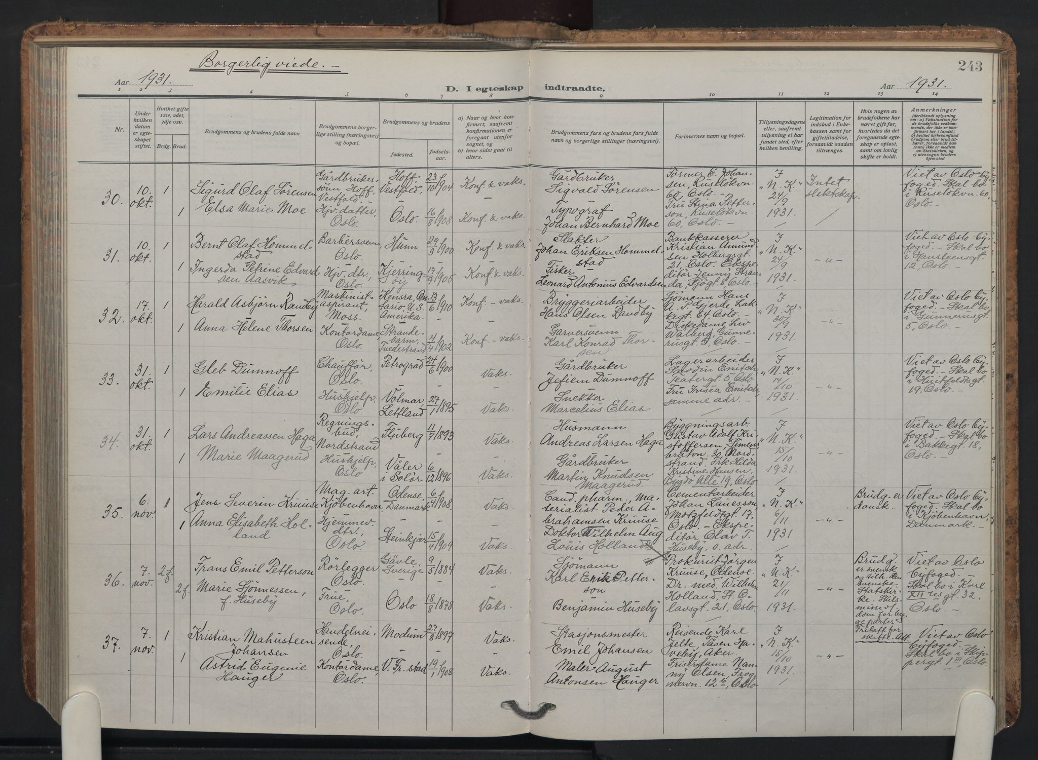 Oslo domkirke Kirkebøker, AV/SAO-A-10752/F/Fa/L0040: Parish register (official) no. 40, 1921-1932, p. 243