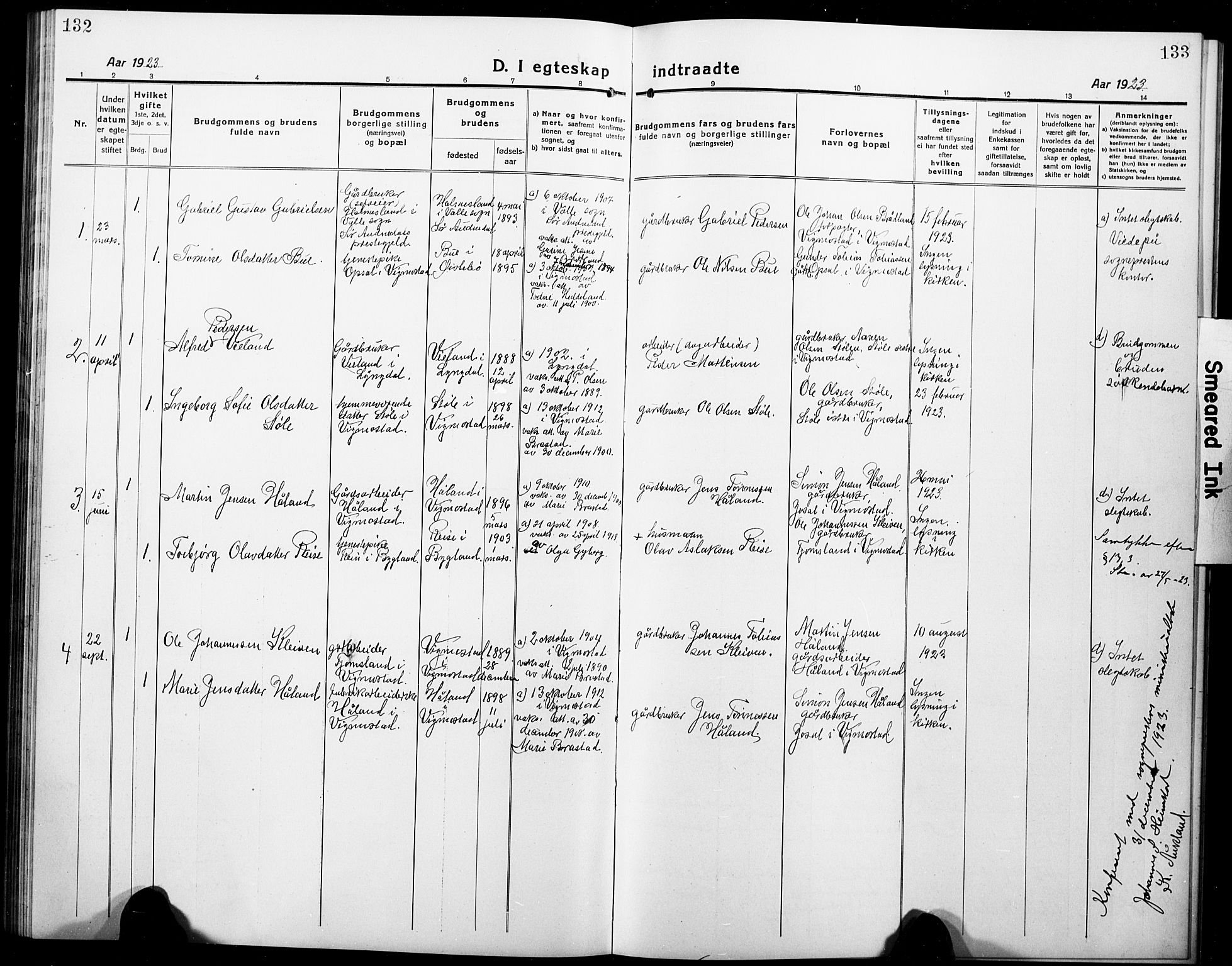 Nord-Audnedal sokneprestkontor, SAK/1111-0032/F/Fb/Fbb/L0005: Parish register (copy) no. B 5, 1918-1929, p. 132-133