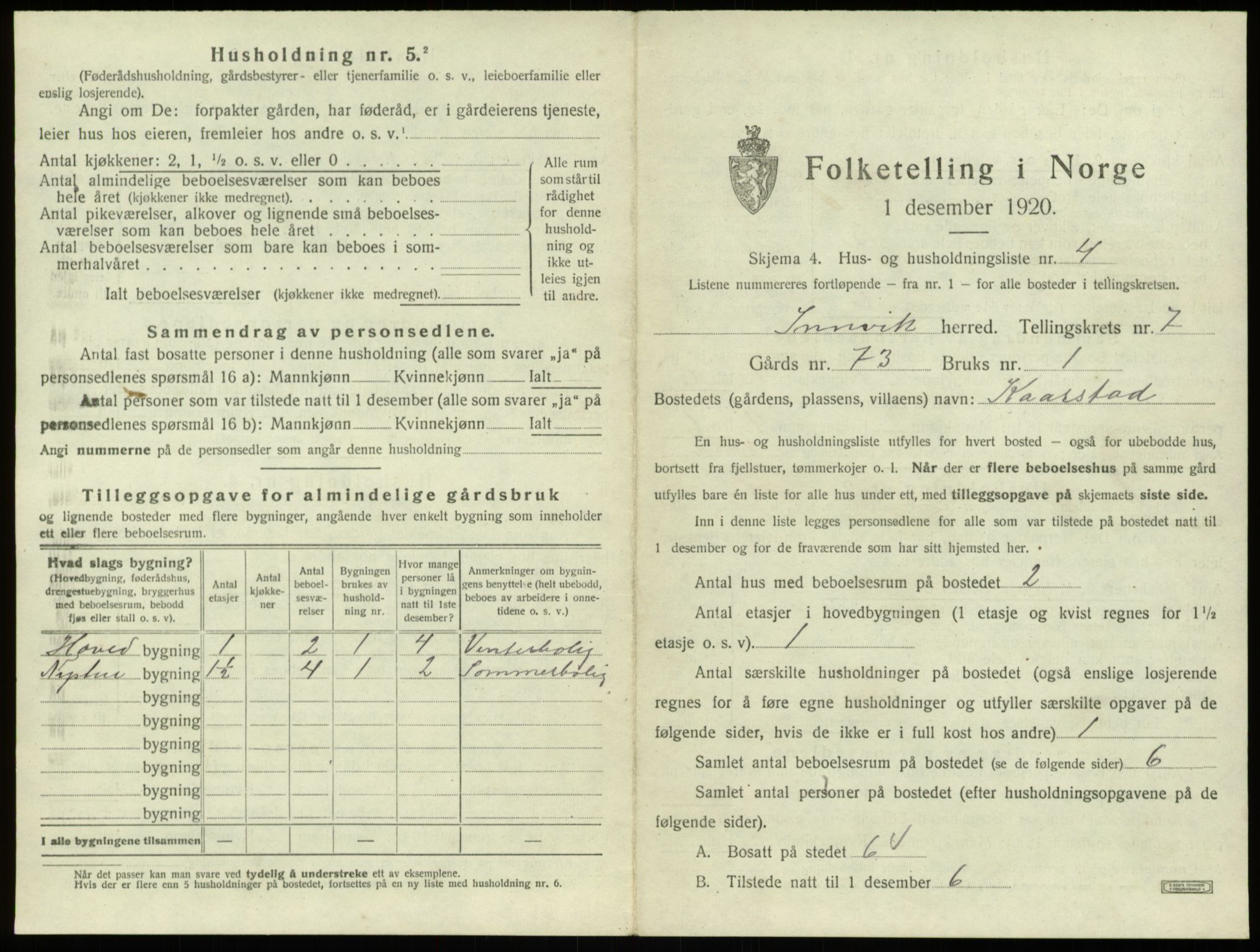 SAB, 1920 census for Innvik, 1920, p. 397