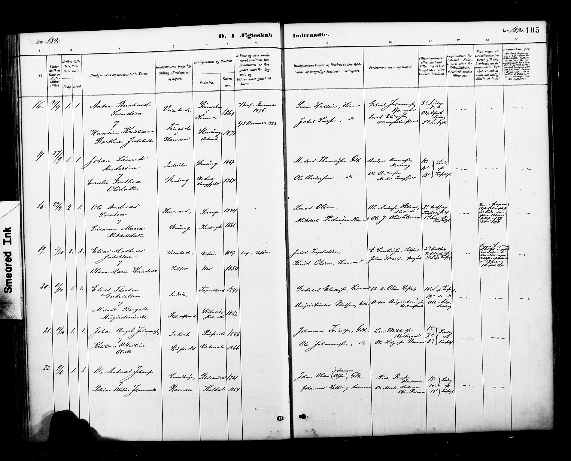 Ministerialprotokoller, klokkerbøker og fødselsregistre - Nordland, AV/SAT-A-1459/827/L0401: Parish register (official) no. 827A13, 1887-1905, p. 105