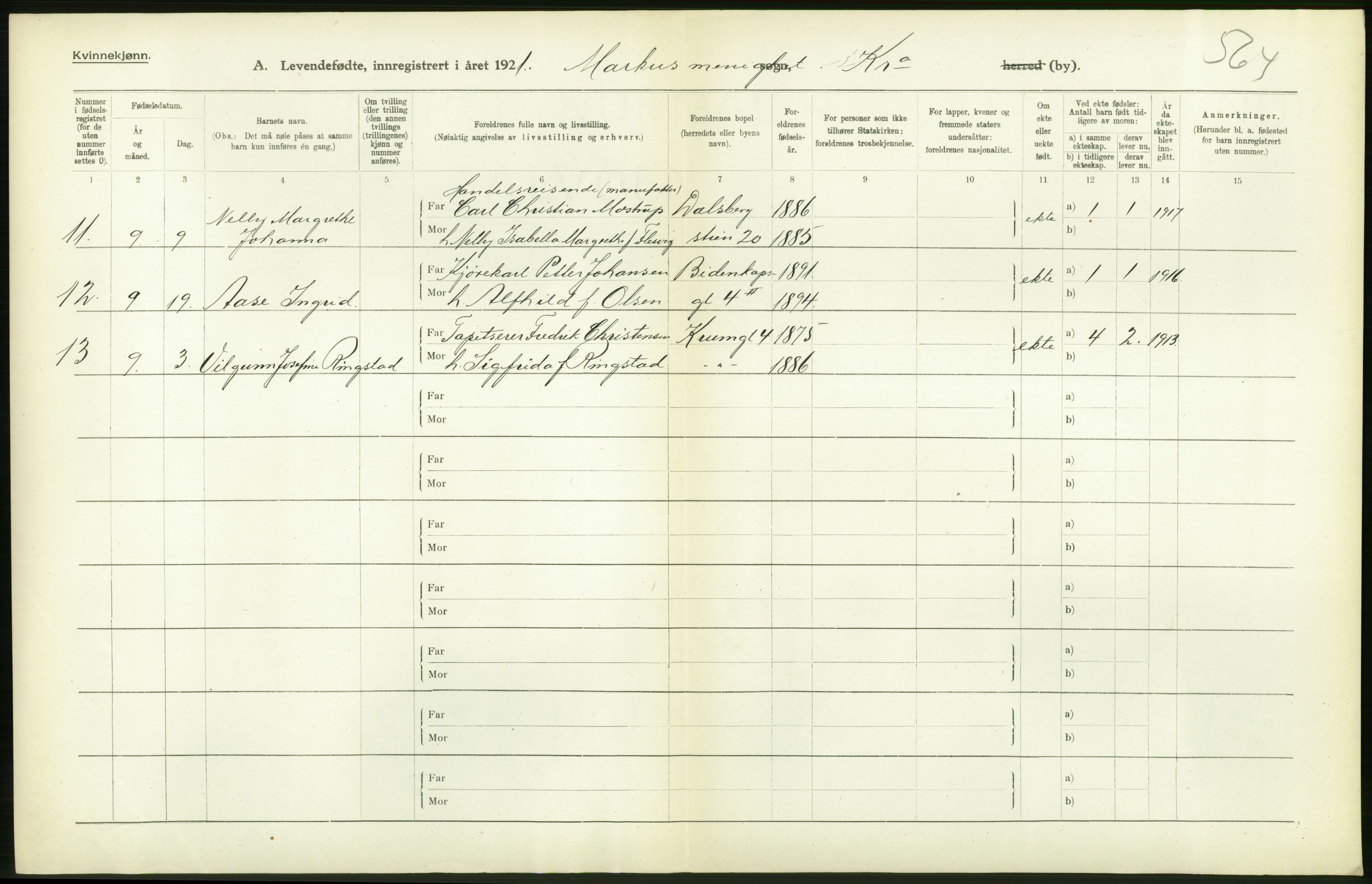 Statistisk sentralbyrå, Sosiodemografiske emner, Befolkning, AV/RA-S-2228/D/Df/Dfc/Dfca/L0010: Kristiania: Levendefødte menn og kvinner., 1921, p. 230