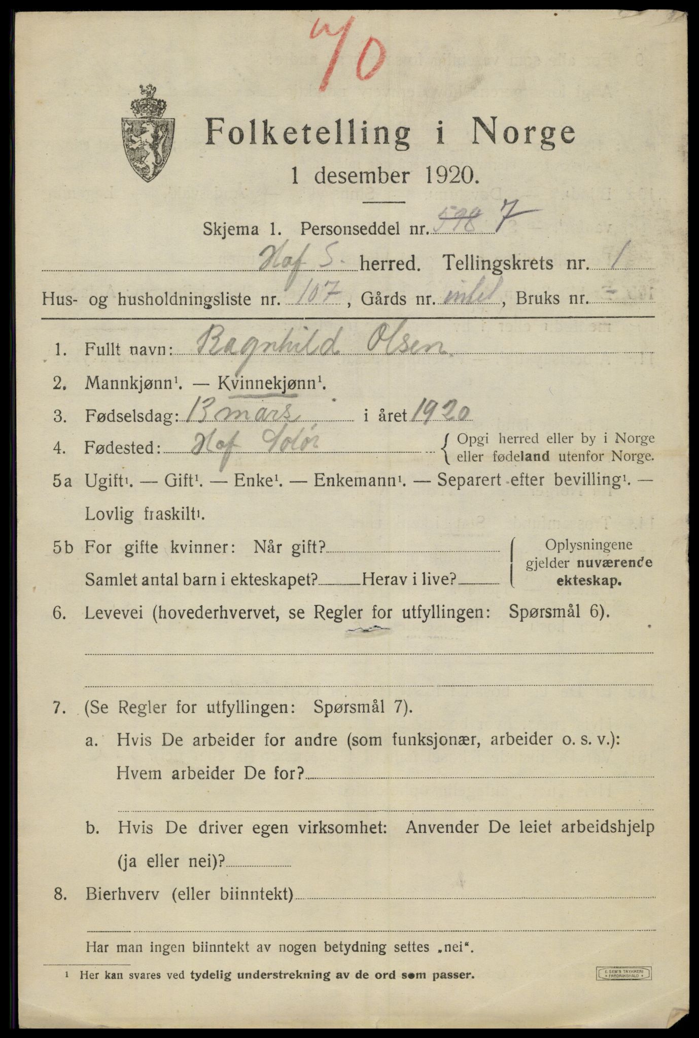 SAH, 1920 census for Hof, 1920, p. 2497