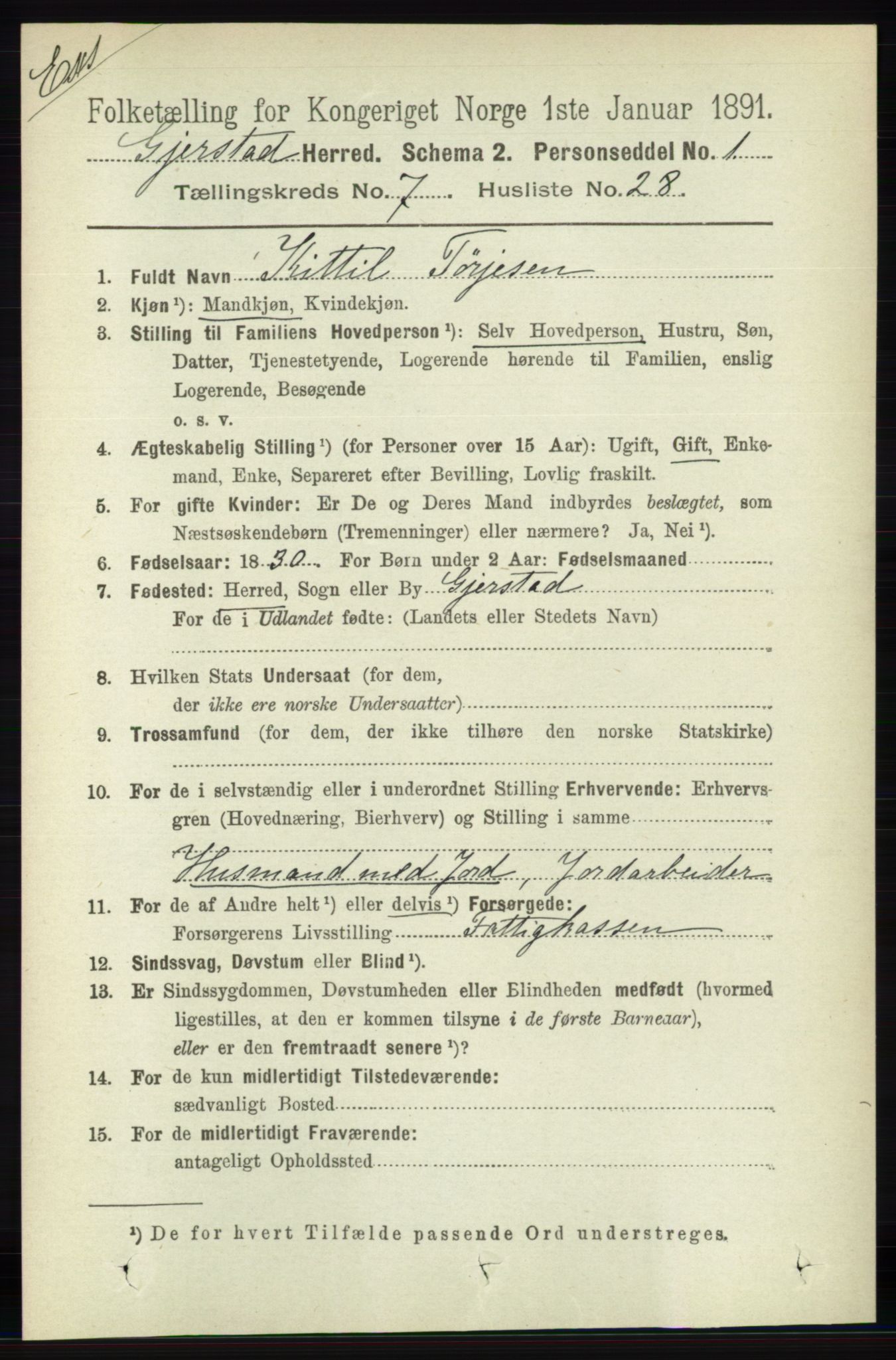 RA, Census 1891 for Nedenes amt: Gjenparter av personsedler for beslektede ektefeller, menn, 1891, p. 97