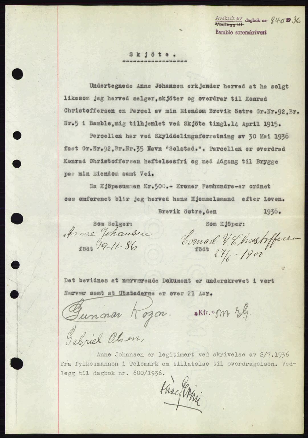 Bamble sorenskriveri, AV/SAKO-A-214/G/Ga/Gag/L0001: Mortgage book no. A-1, 1936-1937, Diary no: : 840/1936