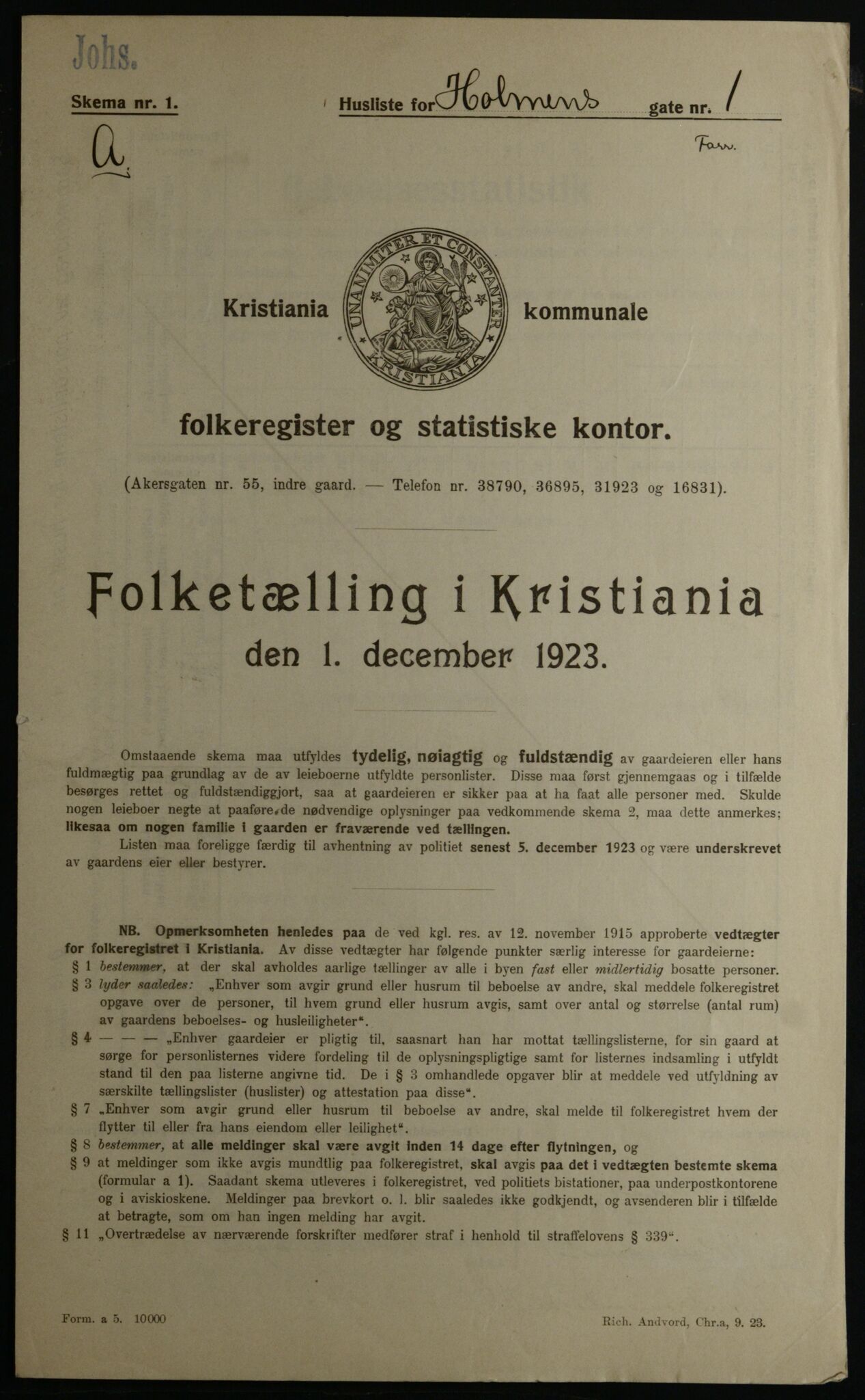 OBA, Municipal Census 1923 for Kristiania, 1923, p. 45647