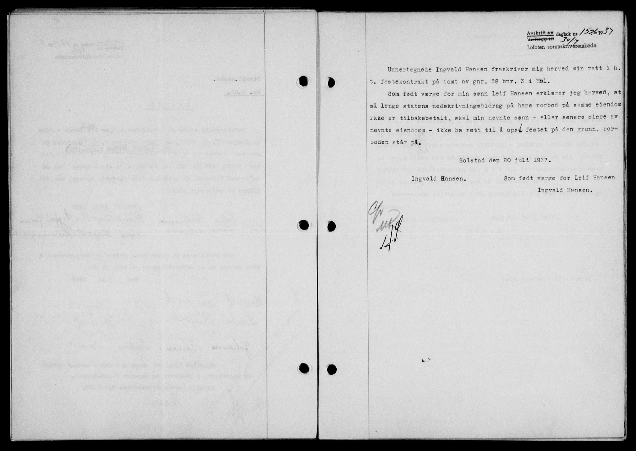 Lofoten sorenskriveri, SAT/A-0017/1/2/2C/L0002a: Mortgage book no. 2a, 1937-1937, Diary no: : 1526/1937