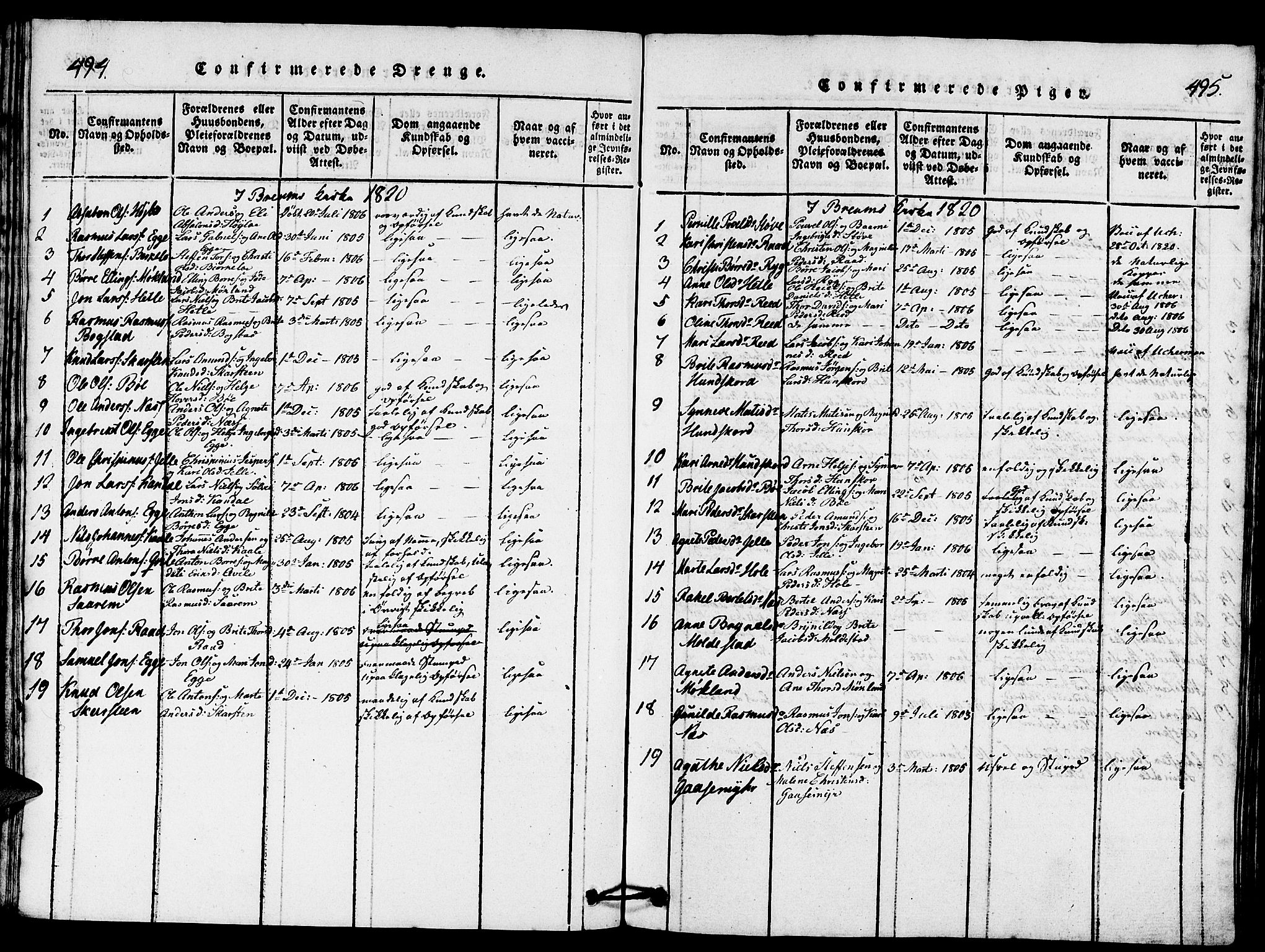 Gloppen sokneprestembete, SAB/A-80101/H/Hab/Haba/L0001: Parish register (copy) no. A 1, 1816-1827, p. 494-495