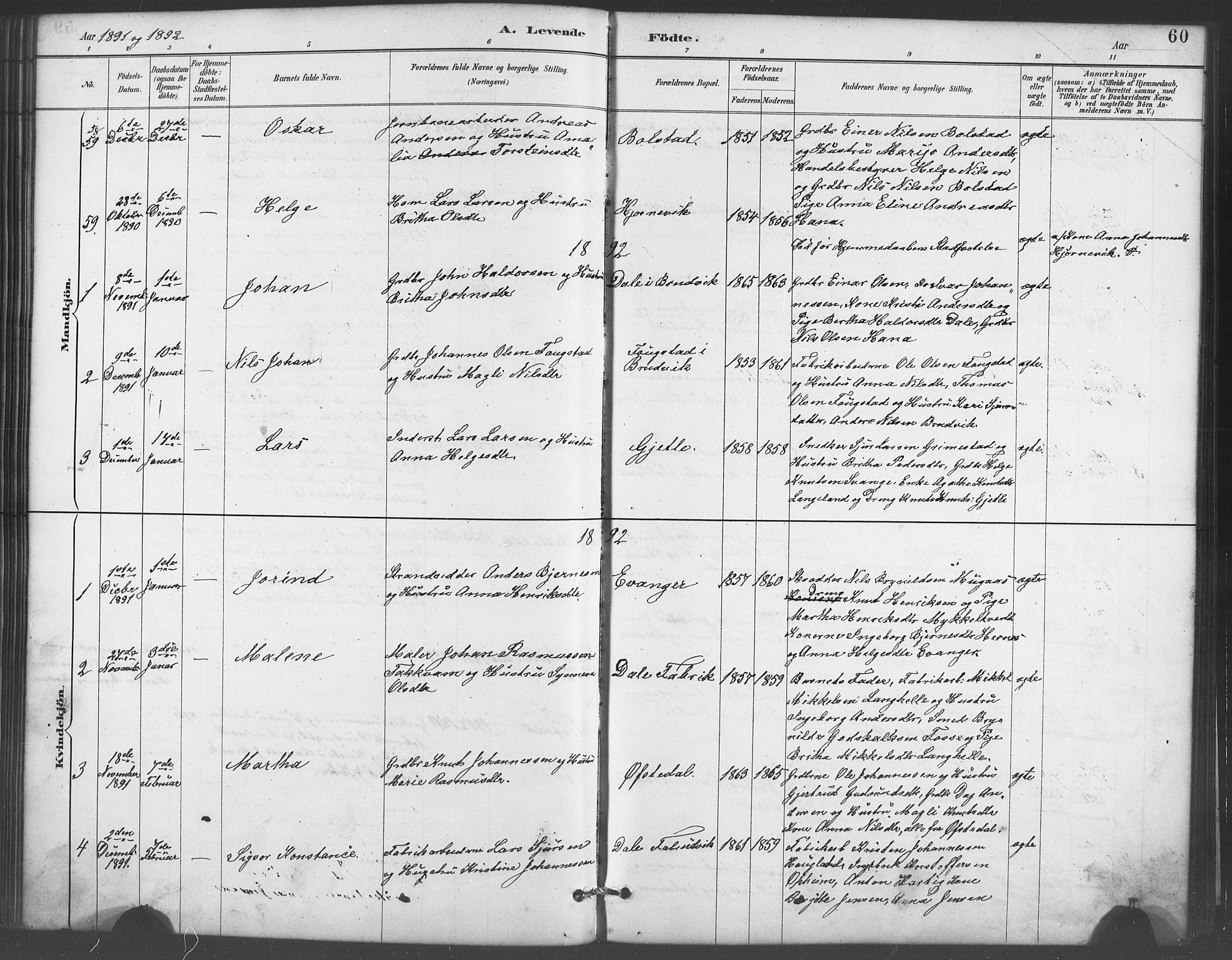 Evanger sokneprestembete, SAB/A-99924: Parish register (copy) no. A 4, 1887-1897, p. 60