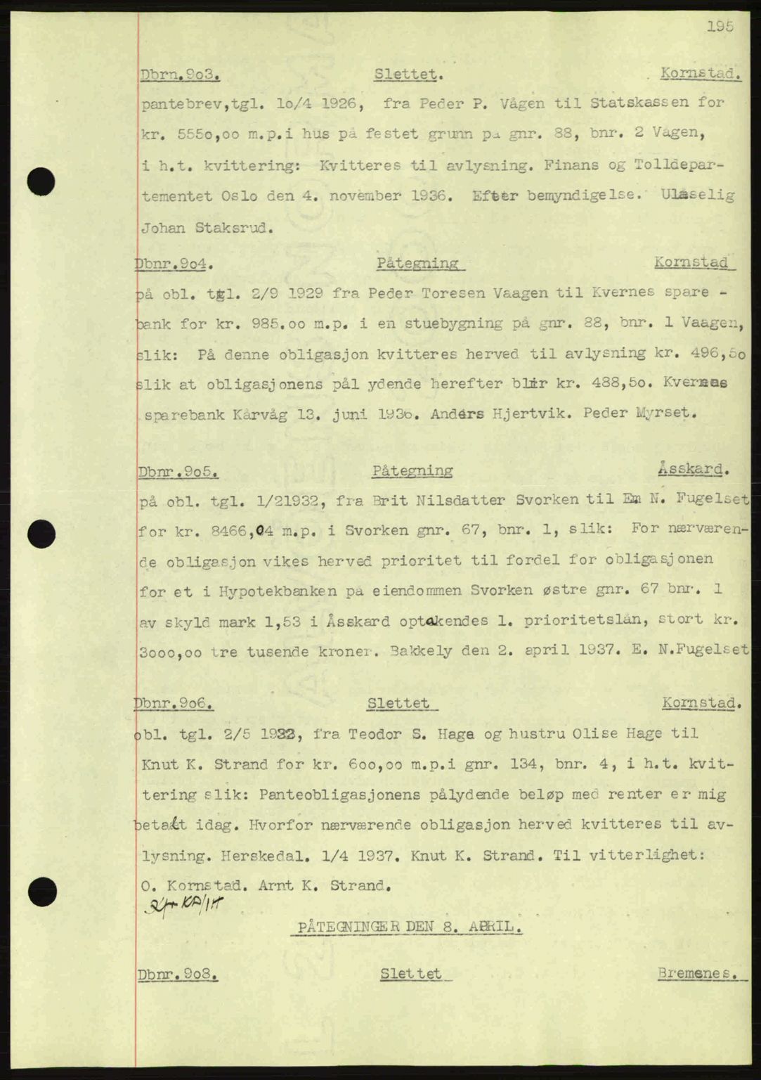 Nordmøre sorenskriveri, AV/SAT-A-4132/1/2/2Ca: Mortgage book no. C80, 1936-1939, Diary no: : 903/1937