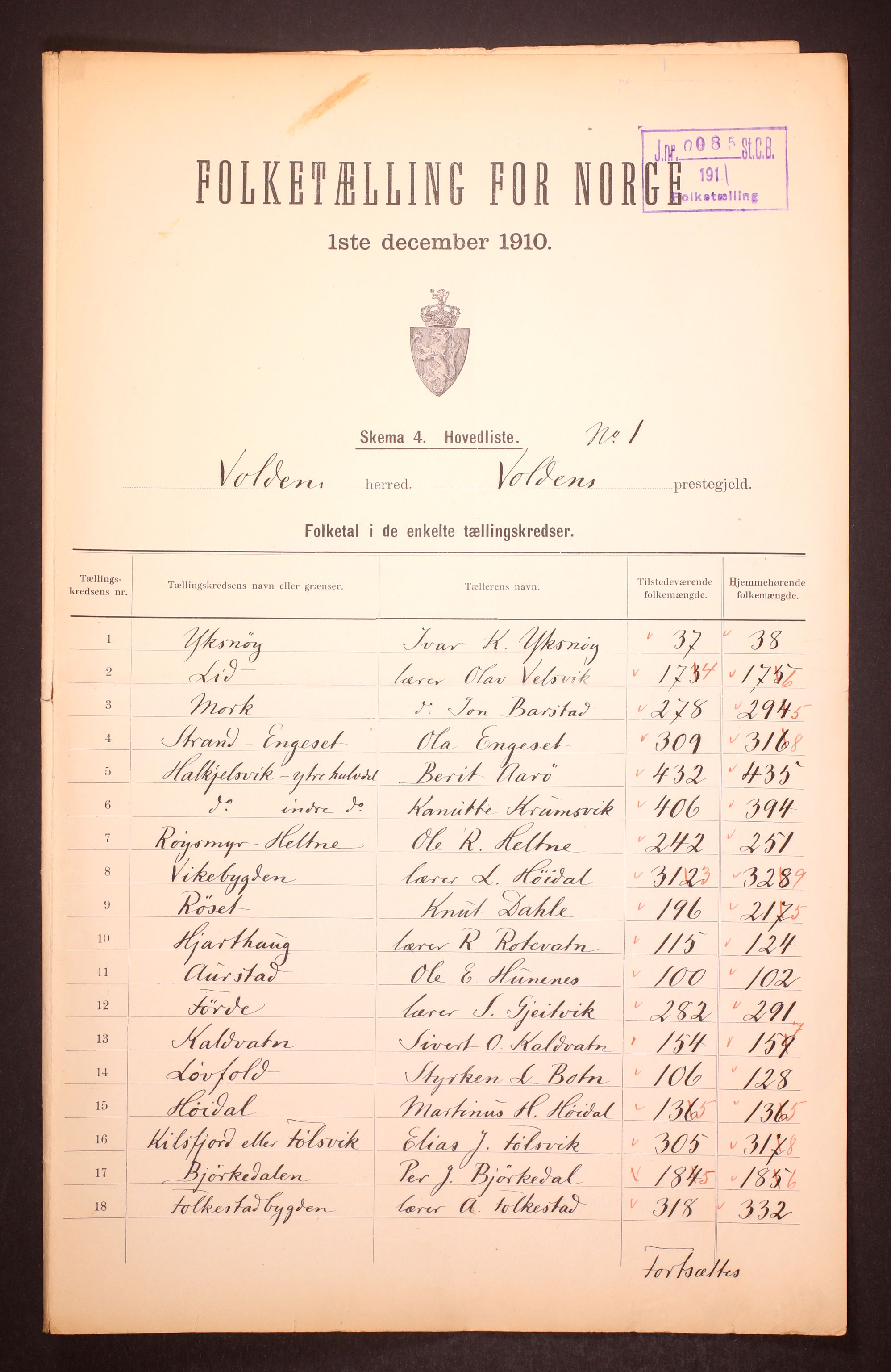 RA, 1910 census for Volda, 1910, p. 2