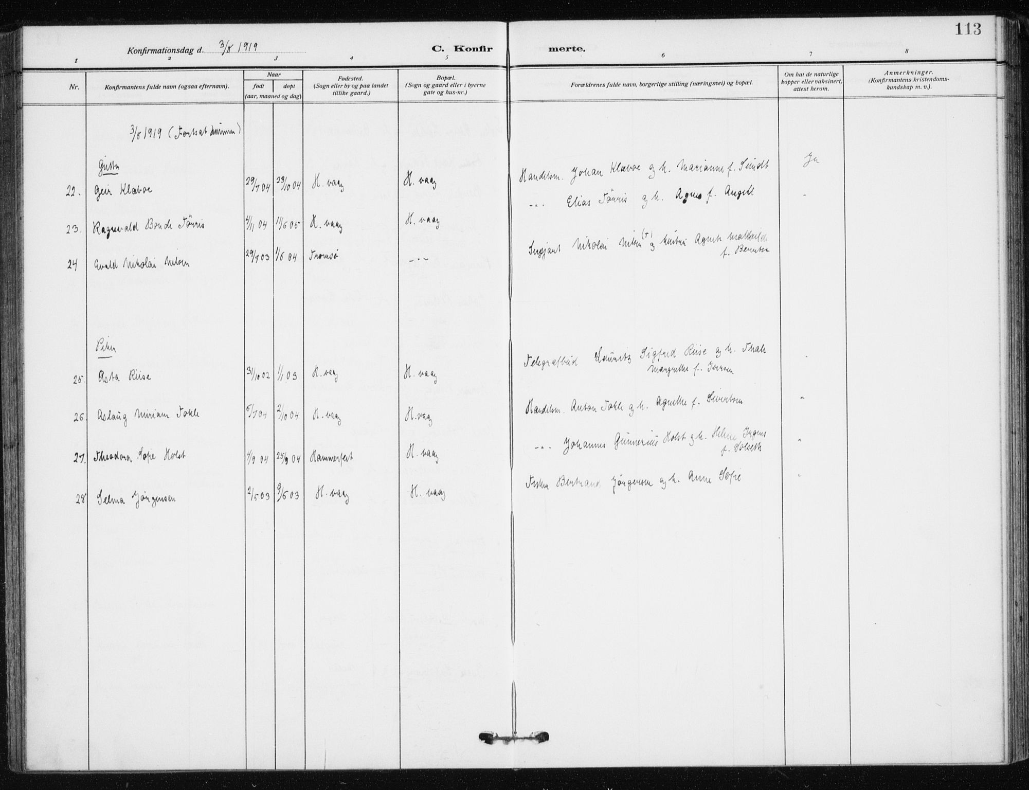 Kjelvik/Nordkapp sokneprestkontor, SATØ/S-1350/H/Ha/L0001kirke: Parish register (official) no. 1, 1911-1919, p. 113