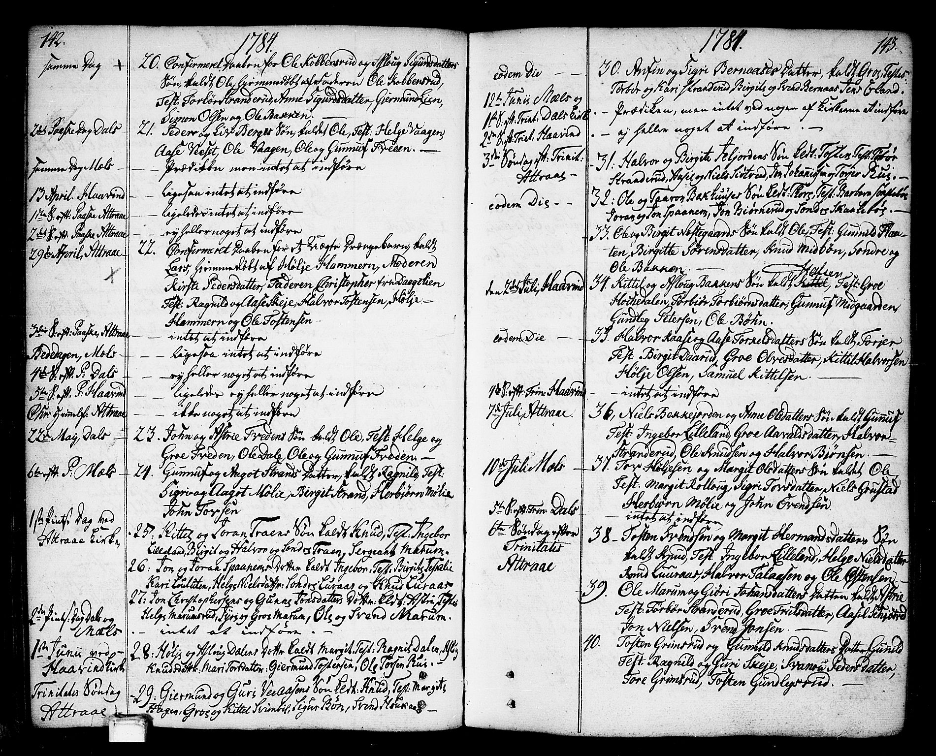 Tinn kirkebøker, SAKO/A-308/F/Fa/L0002: Parish register (official) no. I 2, 1757-1810, p. 142-143