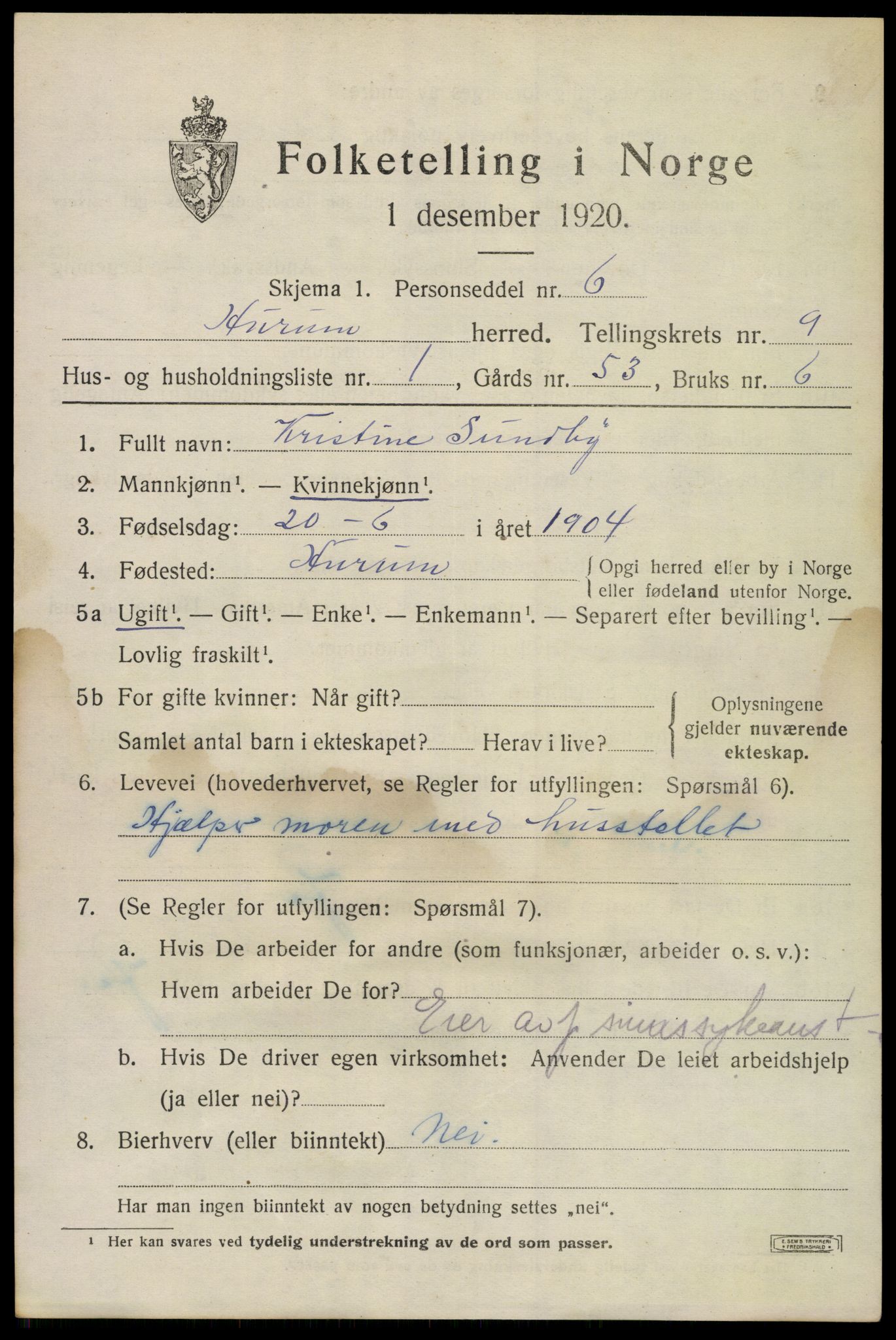 SAKO, 1920 census for Hurum, 1920, p. 11990