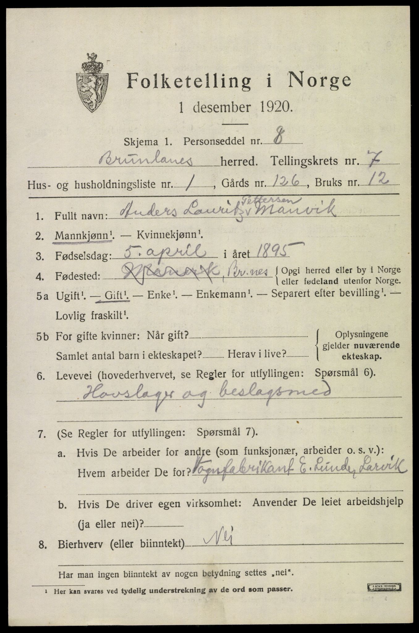 SAKO, 1920 census for Brunlanes, 1920, p. 7069