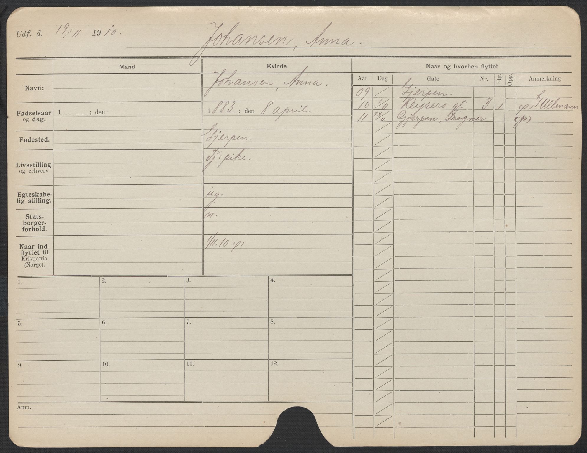 Oslo folkeregister, Registerkort, AV/SAO-A-11715/F/Fa/Fac/L0017: Kvinner, 1906-1914, p. 612a