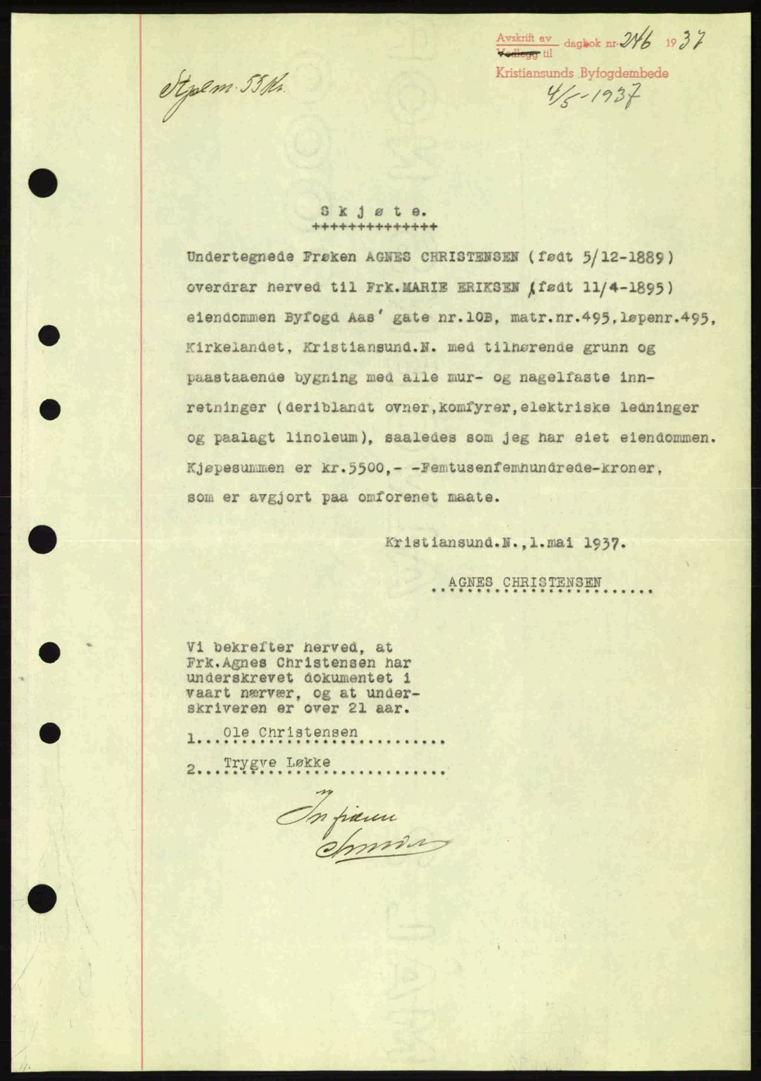 Kristiansund byfogd, AV/SAT-A-4587/A/27: Mortgage book no. 30, 1936-1941, Diary no: : 246/1937