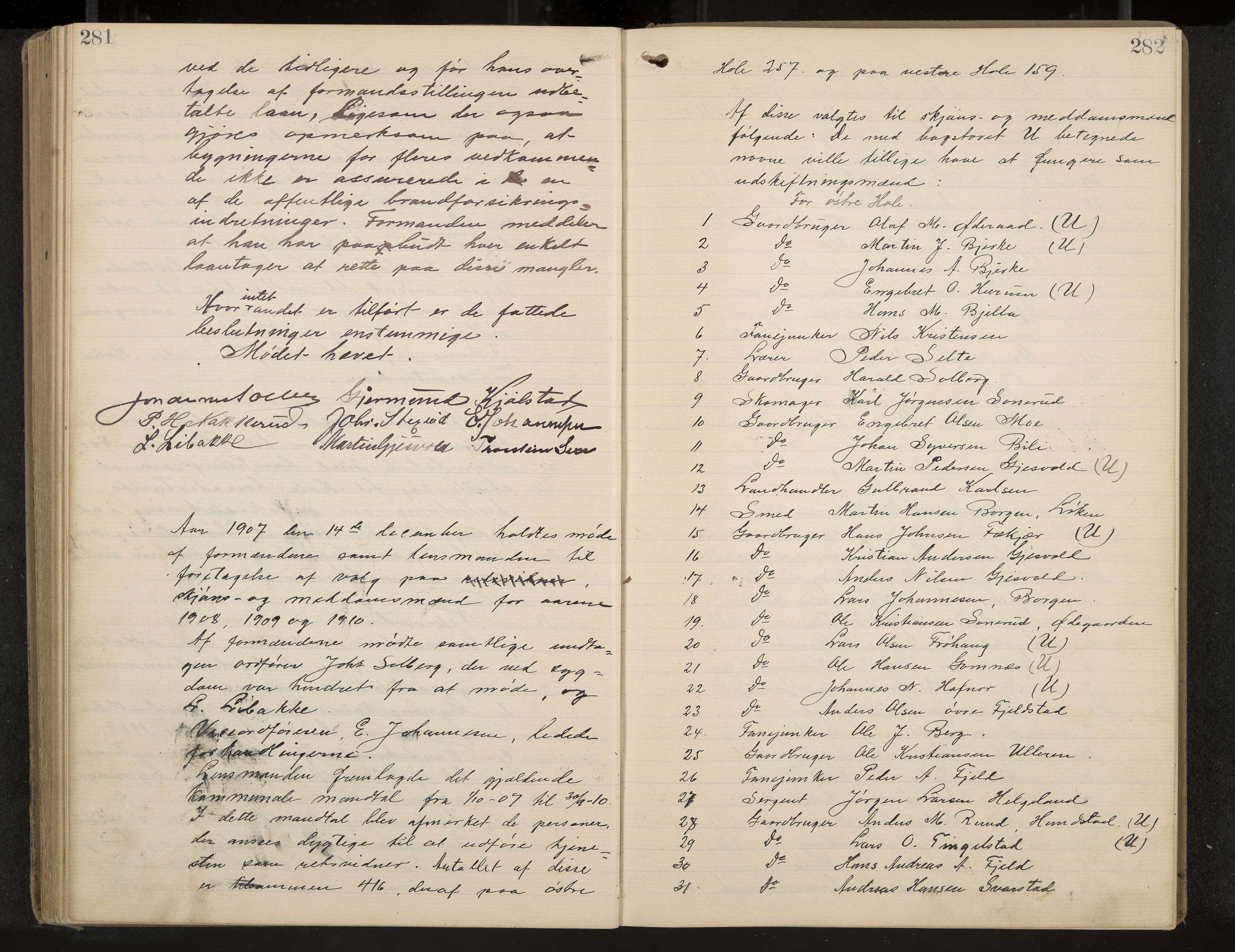Hole formannskap og sentraladministrasjon, IKAK/0612021-1/A/Aa/L0004: Møtebok med register, 1902-1910, p. 281-282