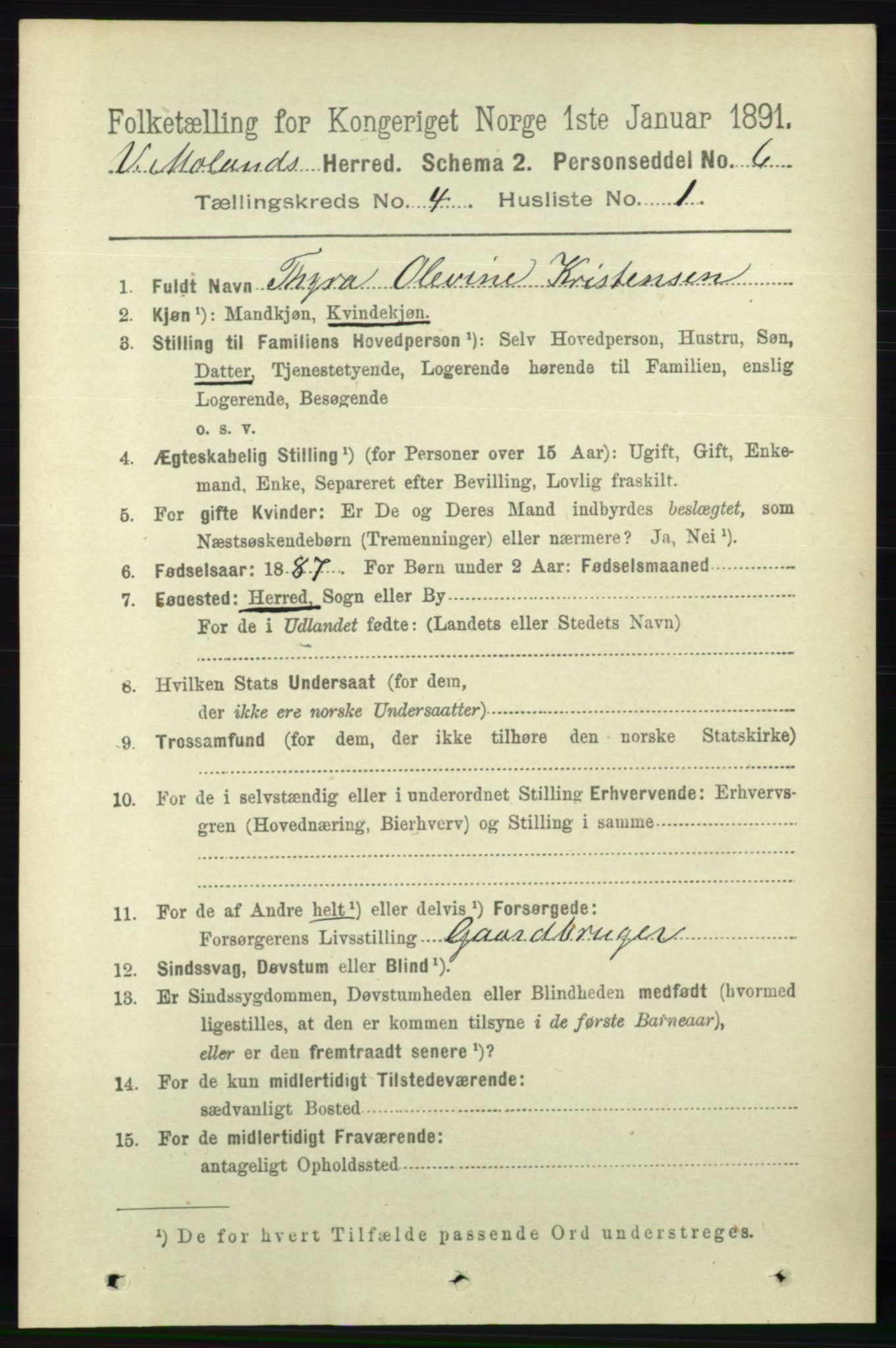 RA, 1891 census for 0926 Vestre Moland, 1891, p. 1229