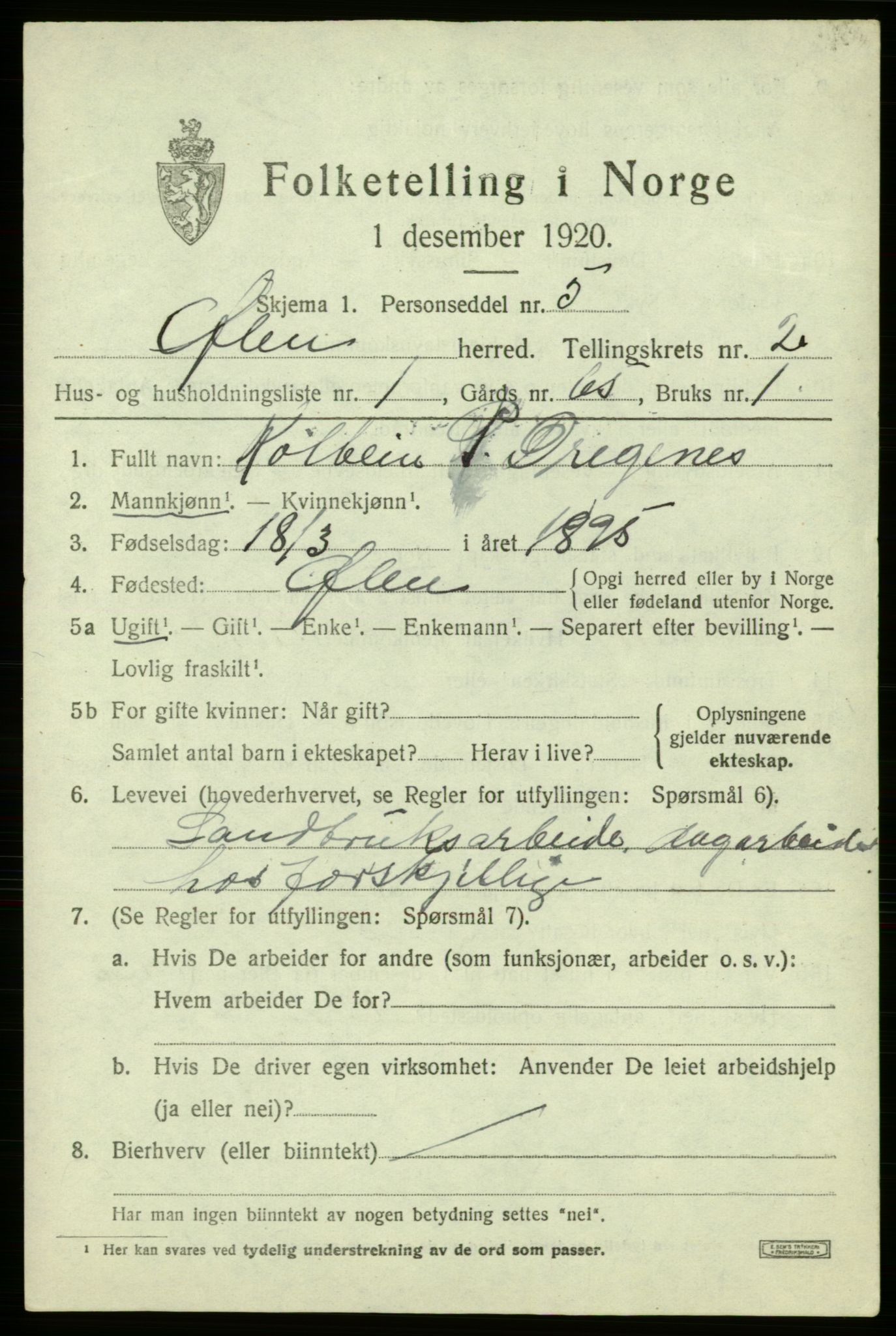 SAB, 1920 census for Ølen, 1920, p. 911