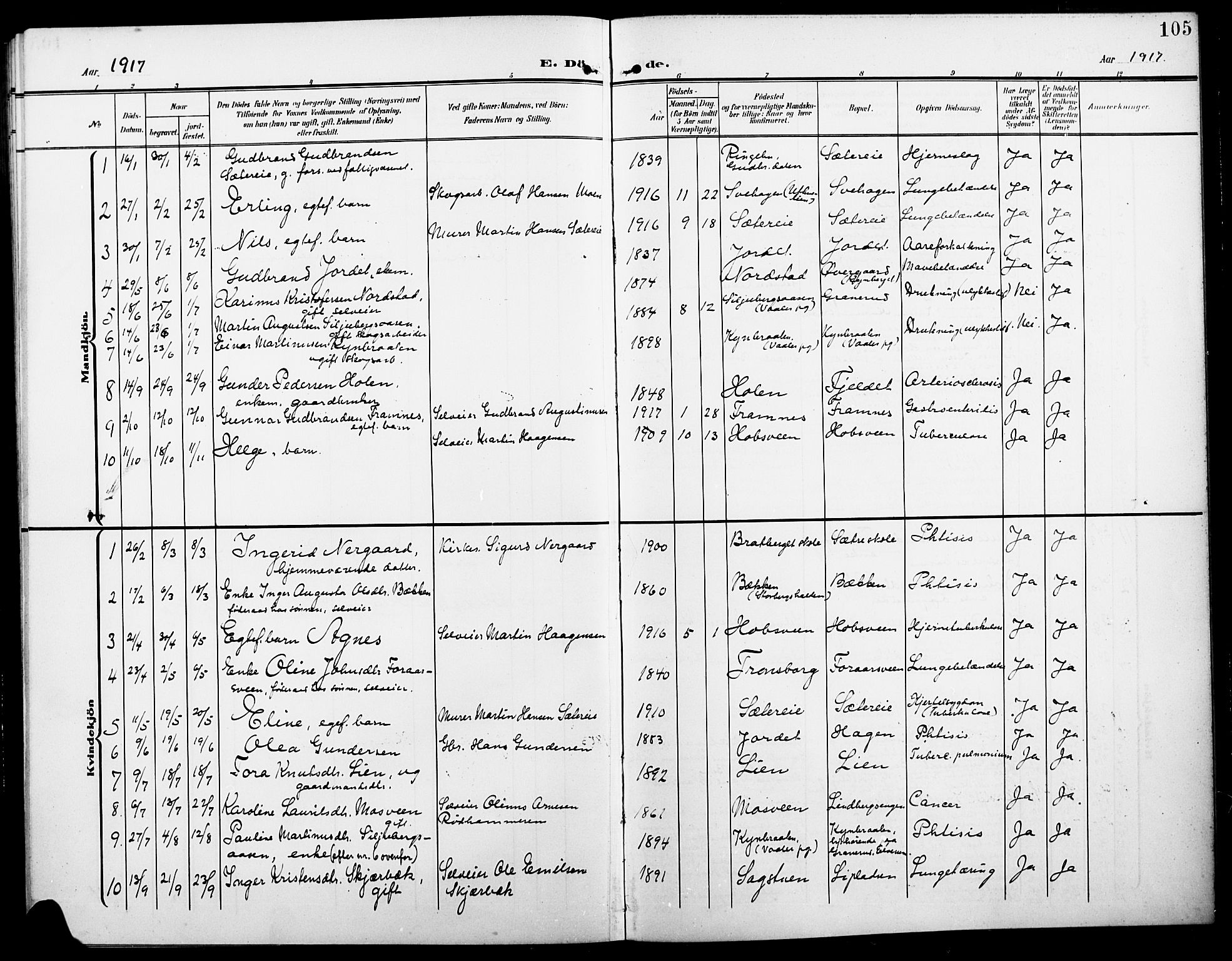 Elverum prestekontor, AV/SAH-PREST-044/H/Ha/Hab/L0008: Parish register (copy) no. 8, 1908-1918, p. 105