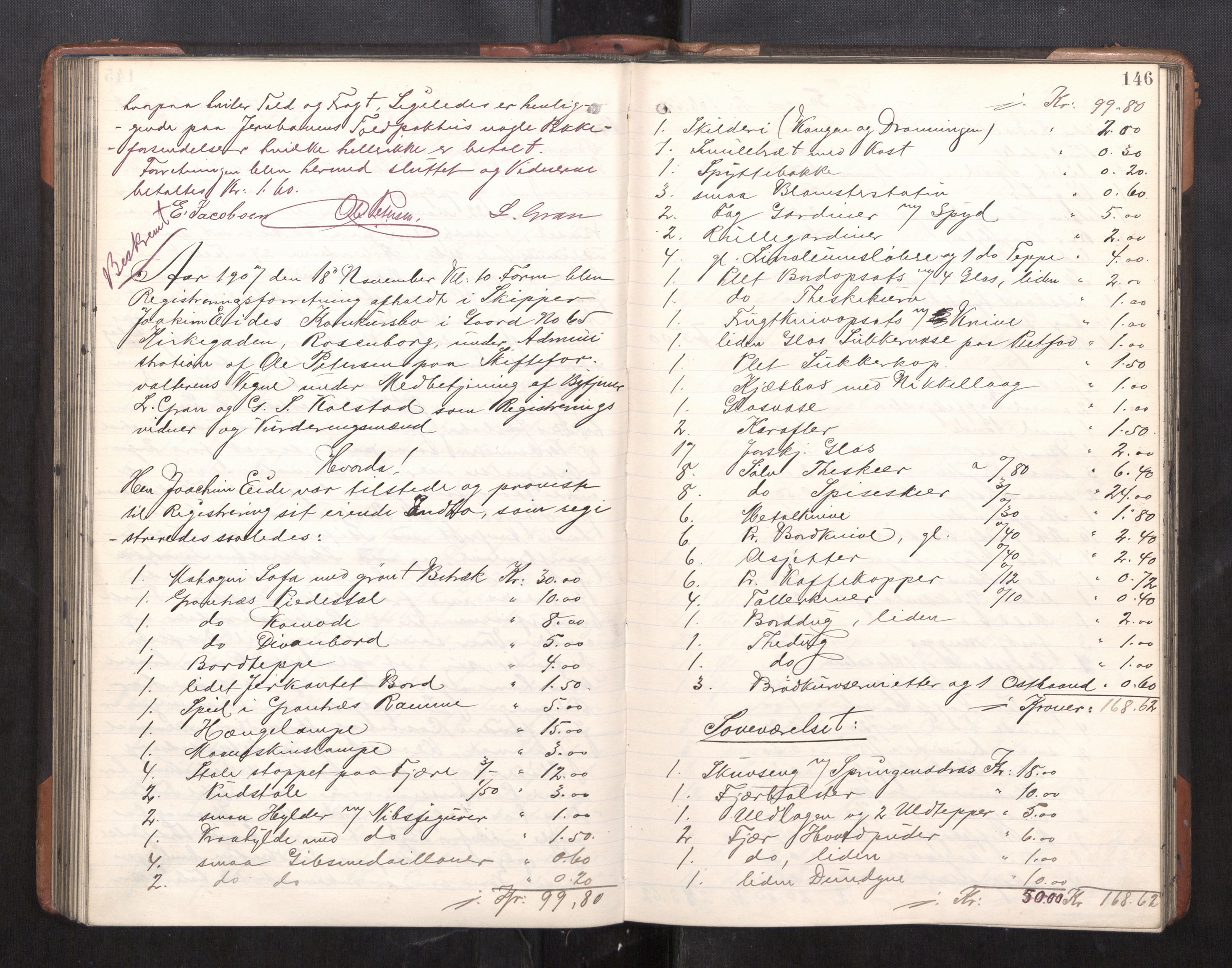 Trondheim byfogd, AV/SAT-A-0003/1/3/3C/L0025: Skifteregistreringsprotokoll - 24/1-14/7. (u/ register), 1906-1909, p. 146