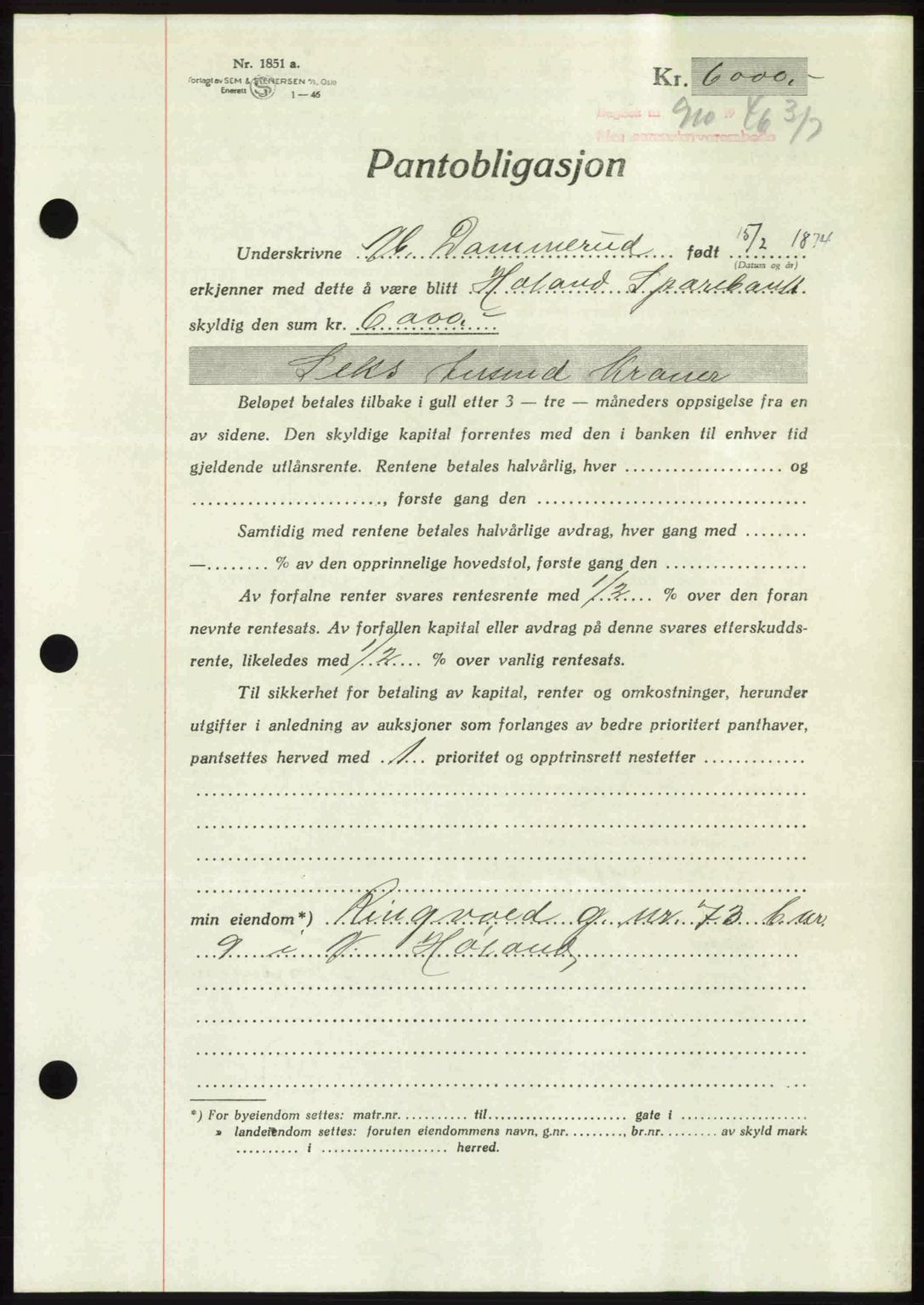 Nes tingrett, AV/SAO-A-10548/G/Gb/Gbb/L0020: Mortgage book no. 64, 1946-1946, Diary no: : 910/1946