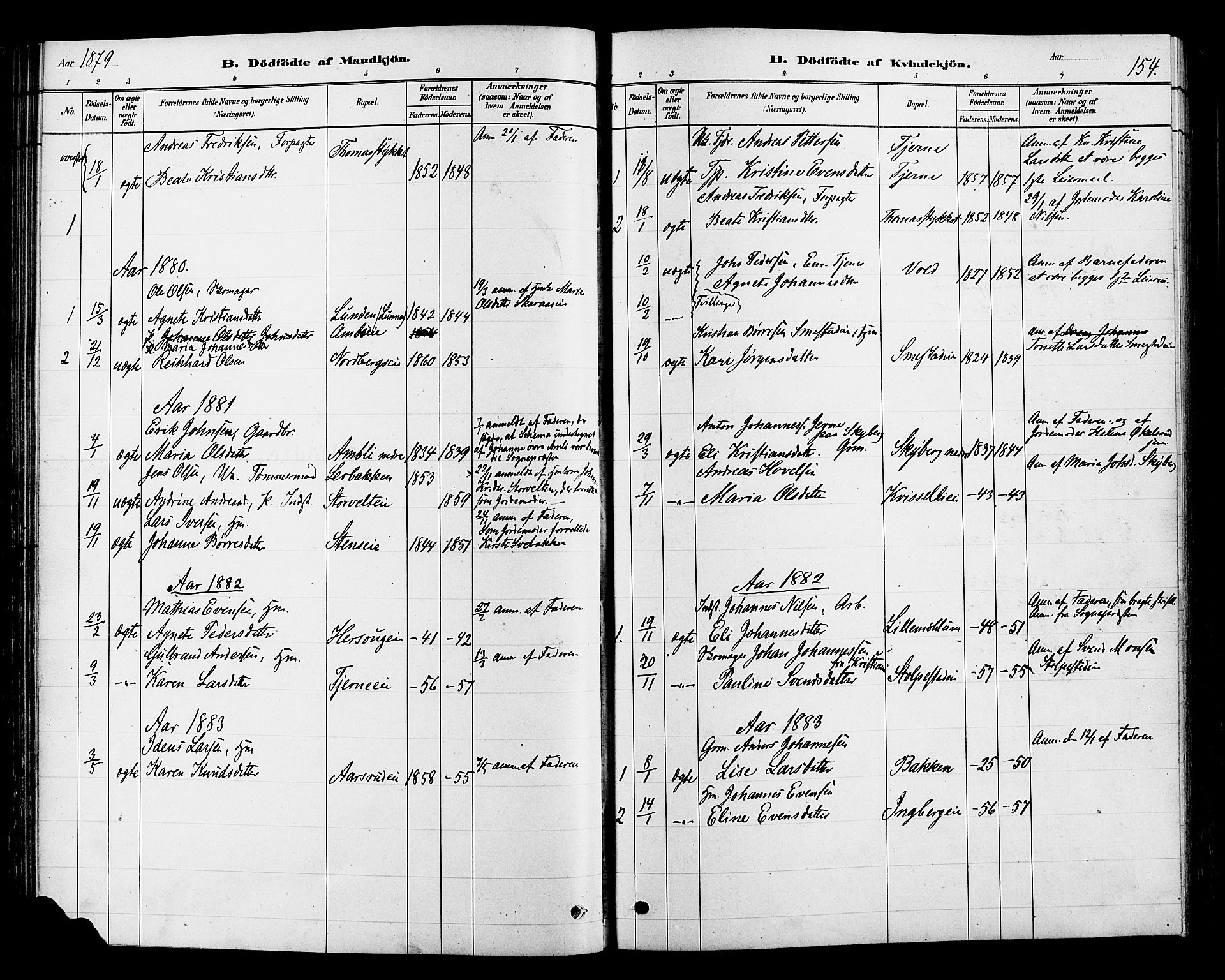 Ringsaker prestekontor, SAH/PREST-014/L/La/L0009: Parish register (copy) no. 9, 1879-1890, p. 154