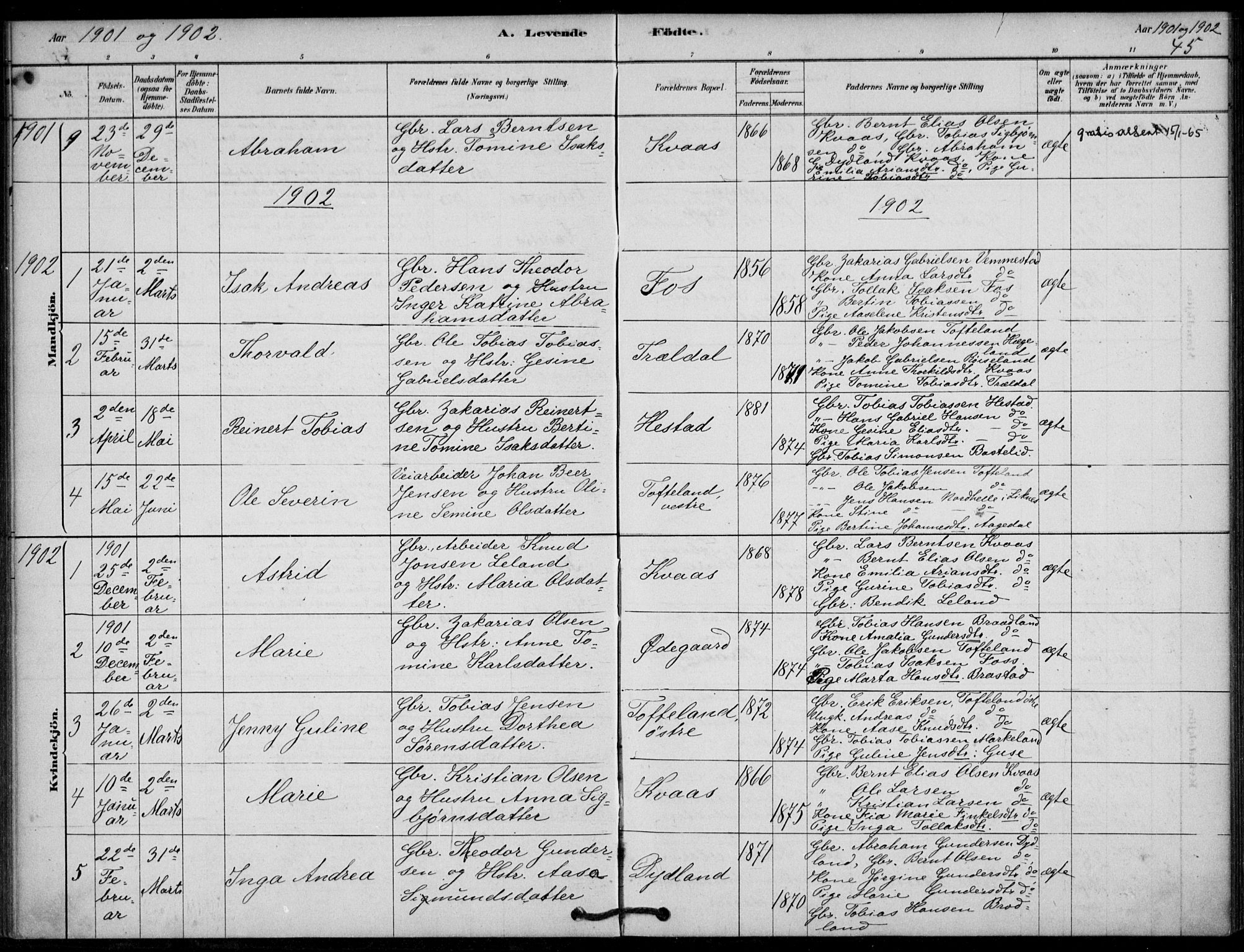 Lyngdal sokneprestkontor, SAK/1111-0029/F/Fa/Fab/L0003: Parish register (official) no. A 3, 1878-1903, p. 45