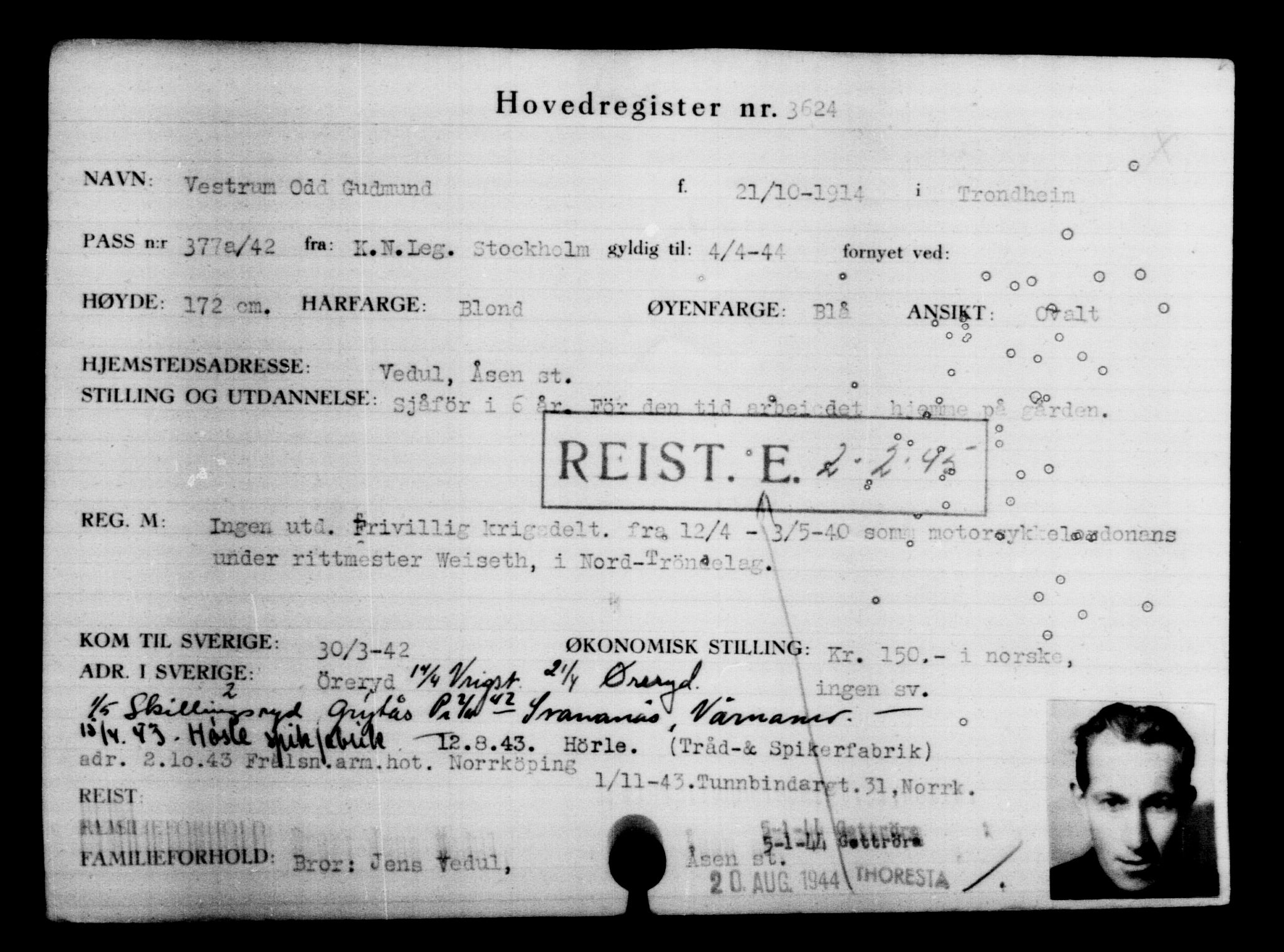 Utenriksstasjonene, Legasjonen i Stockholm, Flyktningkontoret, AV/RA-S-6753/V/Va/L0004: Kjesäterkartoteket, flyktninger med registreringsnr. 3496-6610, 1940-1945, p. 147