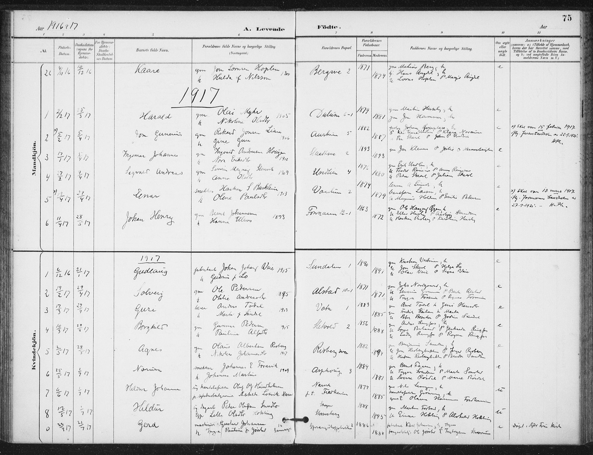 Ministerialprotokoller, klokkerbøker og fødselsregistre - Nord-Trøndelag, SAT/A-1458/714/L0131: Parish register (official) no. 714A02, 1896-1918, p. 75