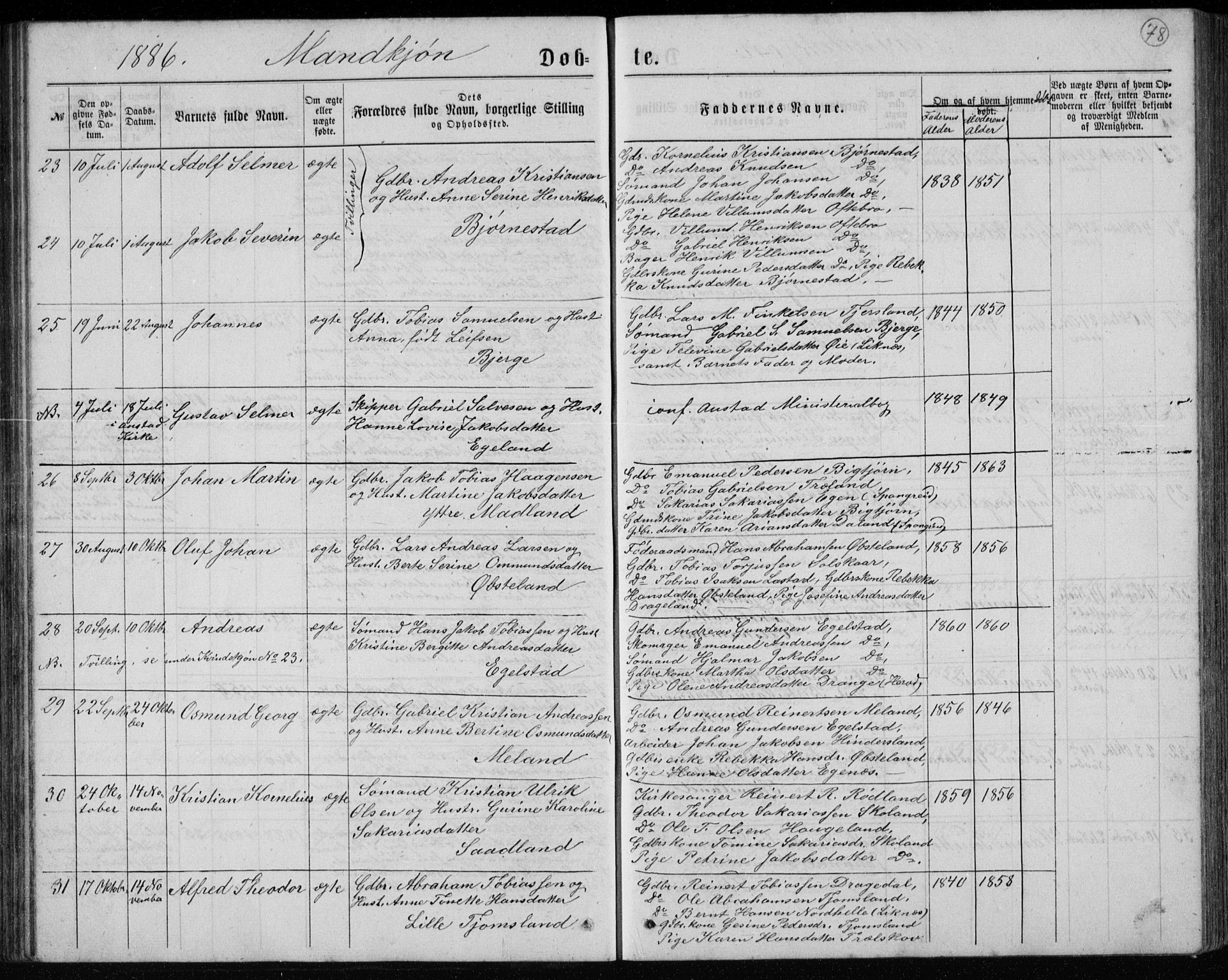 Lyngdal sokneprestkontor, AV/SAK-1111-0029/F/Fb/Fbc/L0004: Parish register (copy) no. B 4, 1878-1896, p. 78