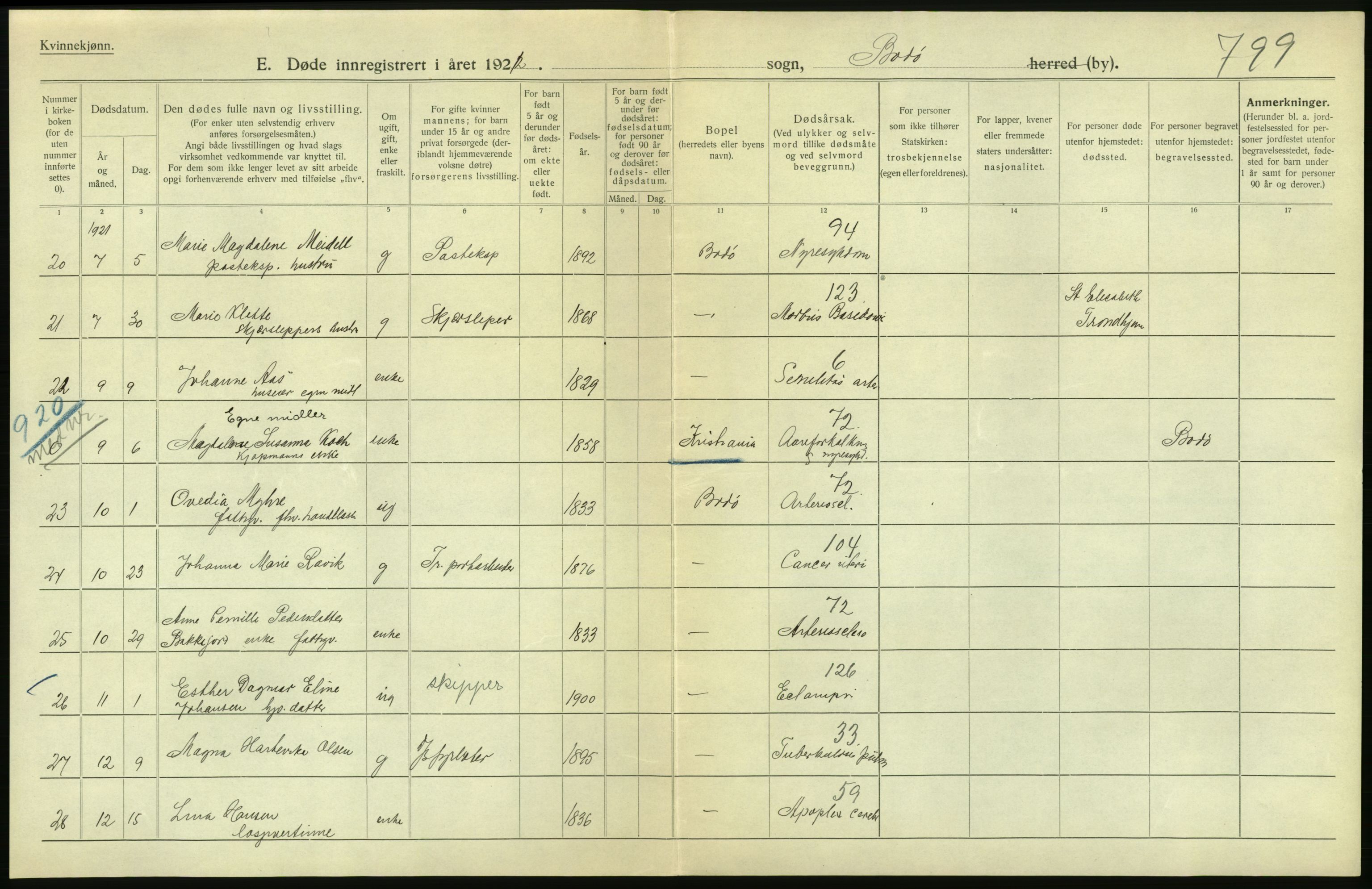 Statistisk sentralbyrå, Sosiodemografiske emner, Befolkning, AV/RA-S-2228/D/Df/Dfc/Dfca/L0051: Nordland fylke: Døde. Bygder og byer., 1921